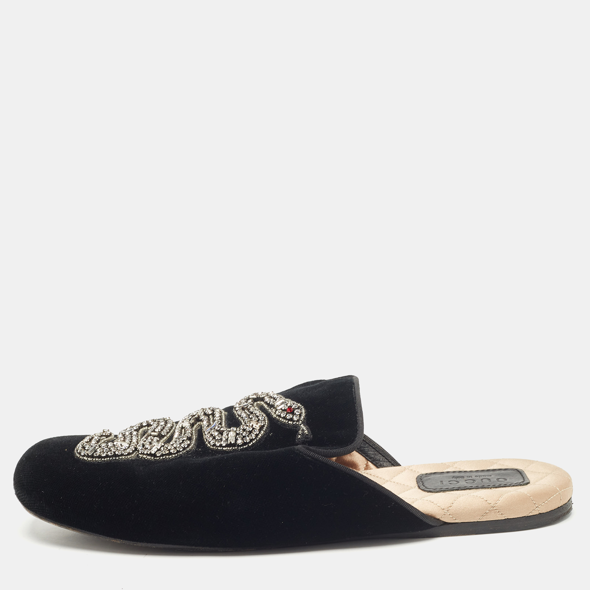 

Gucci Black Velvet Crystal Embellished Snake Flat Mules Size