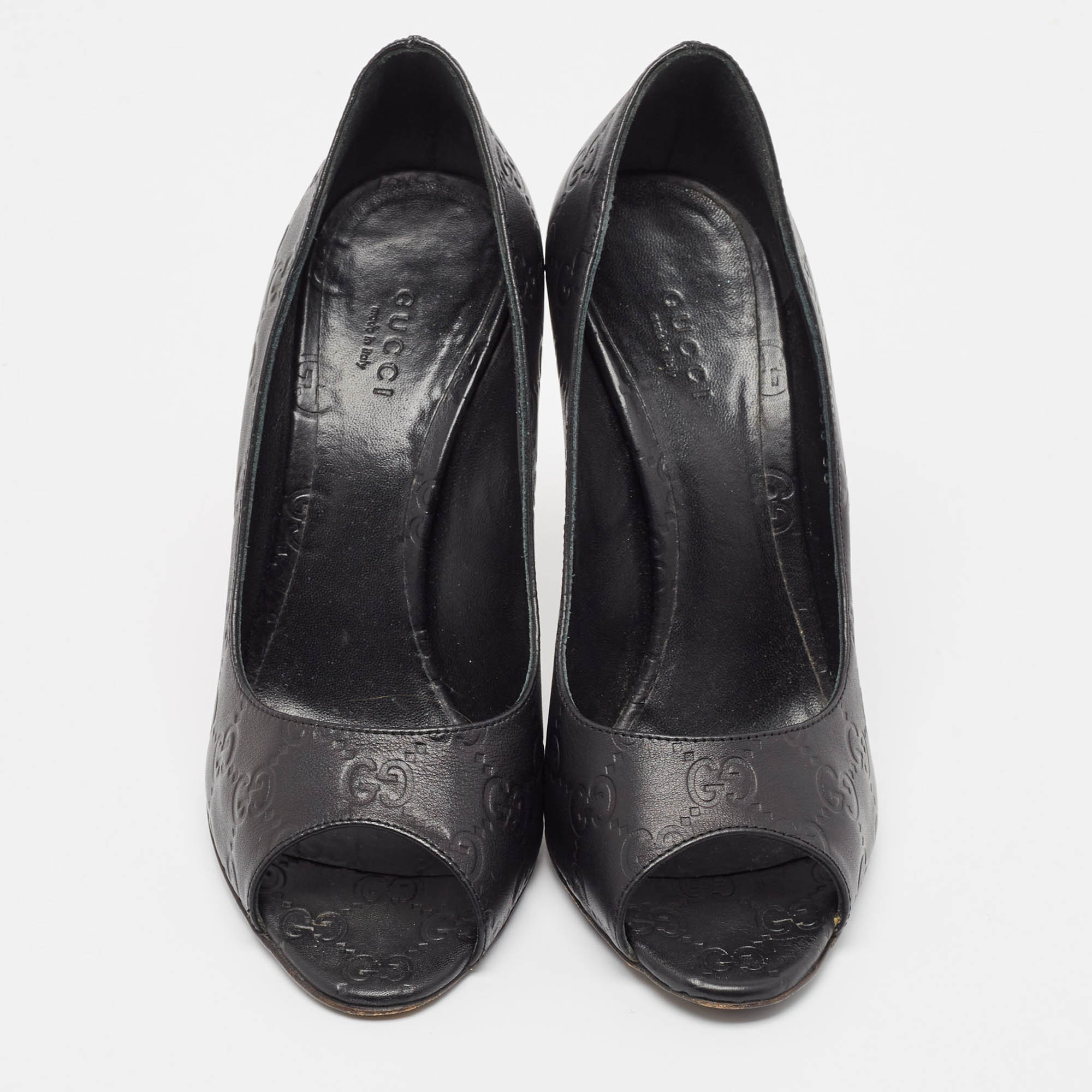 Gucci Black Guccissima Leather Open Toe Pumps Size 38 