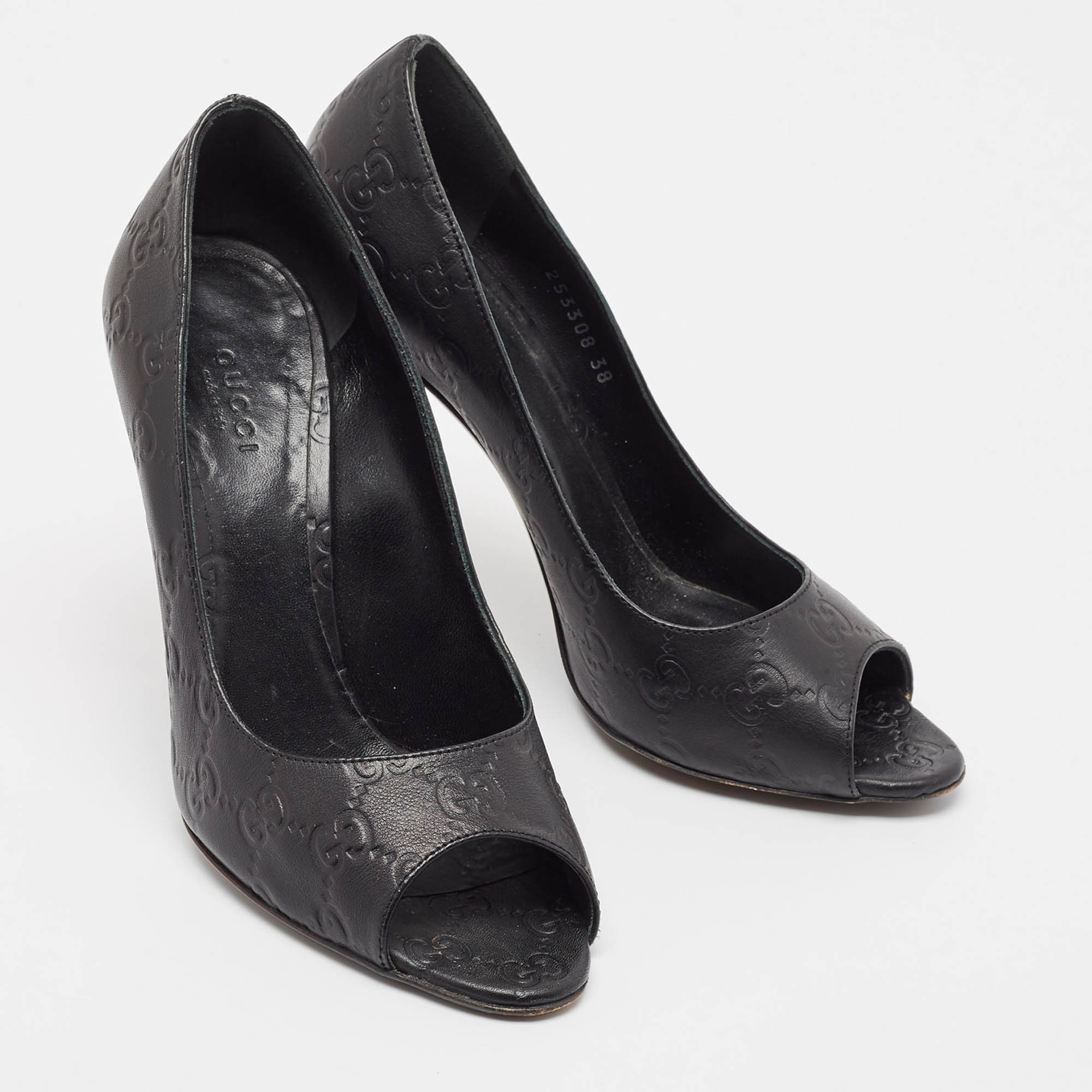 Gucci Black Guccissima Leather Open Toe Pumps Size 38 
