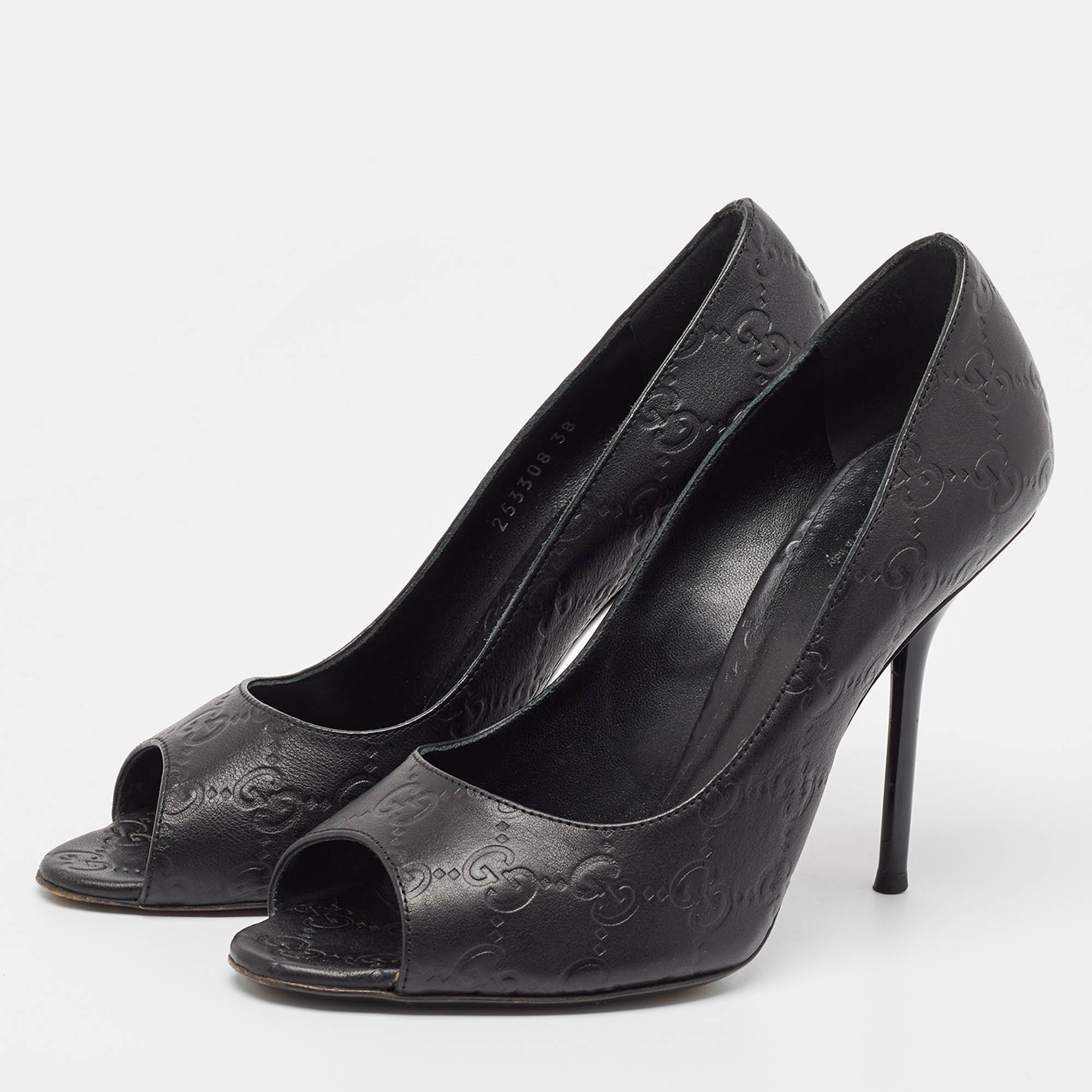 Gucci Black Guccissima Leather Open Toe Pumps Size 38 