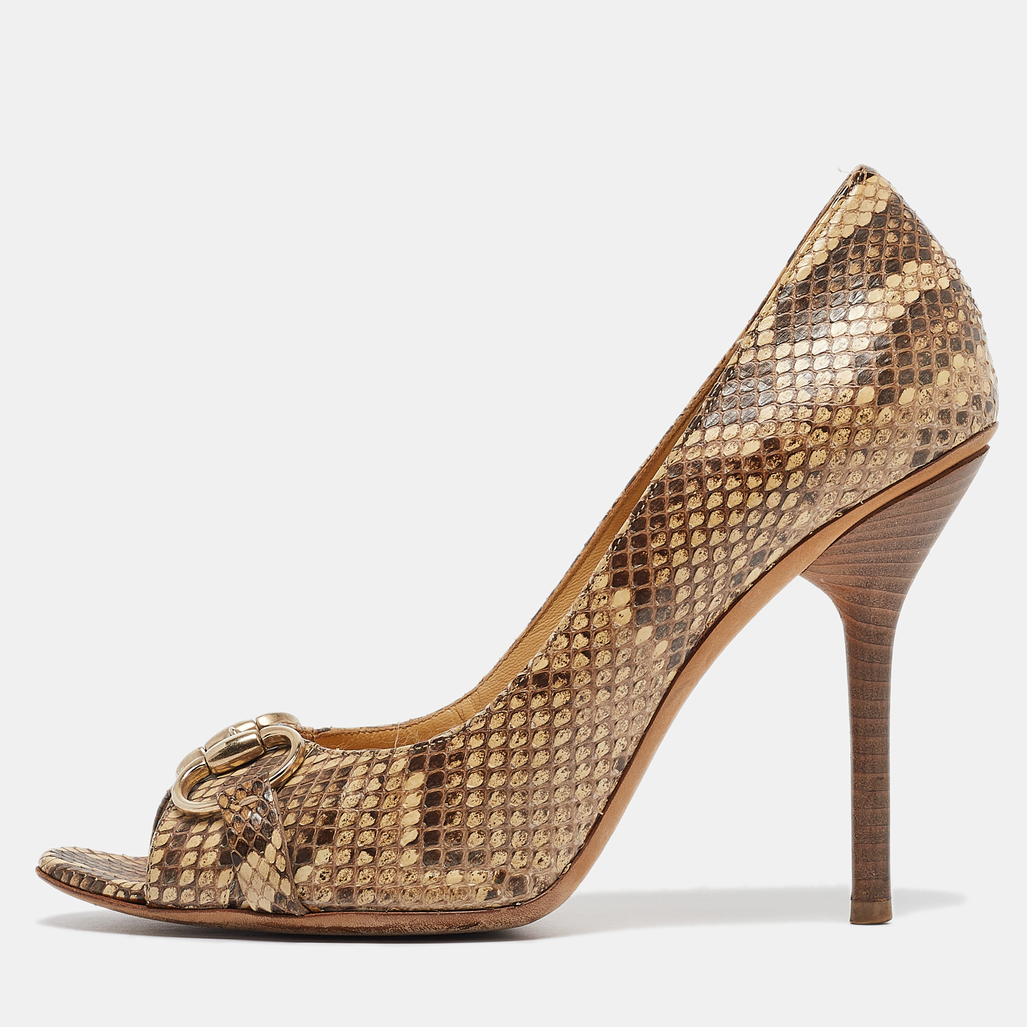 

Gucci Brown/Beige Snakeskin Horsebit Open Toe Pumps Size