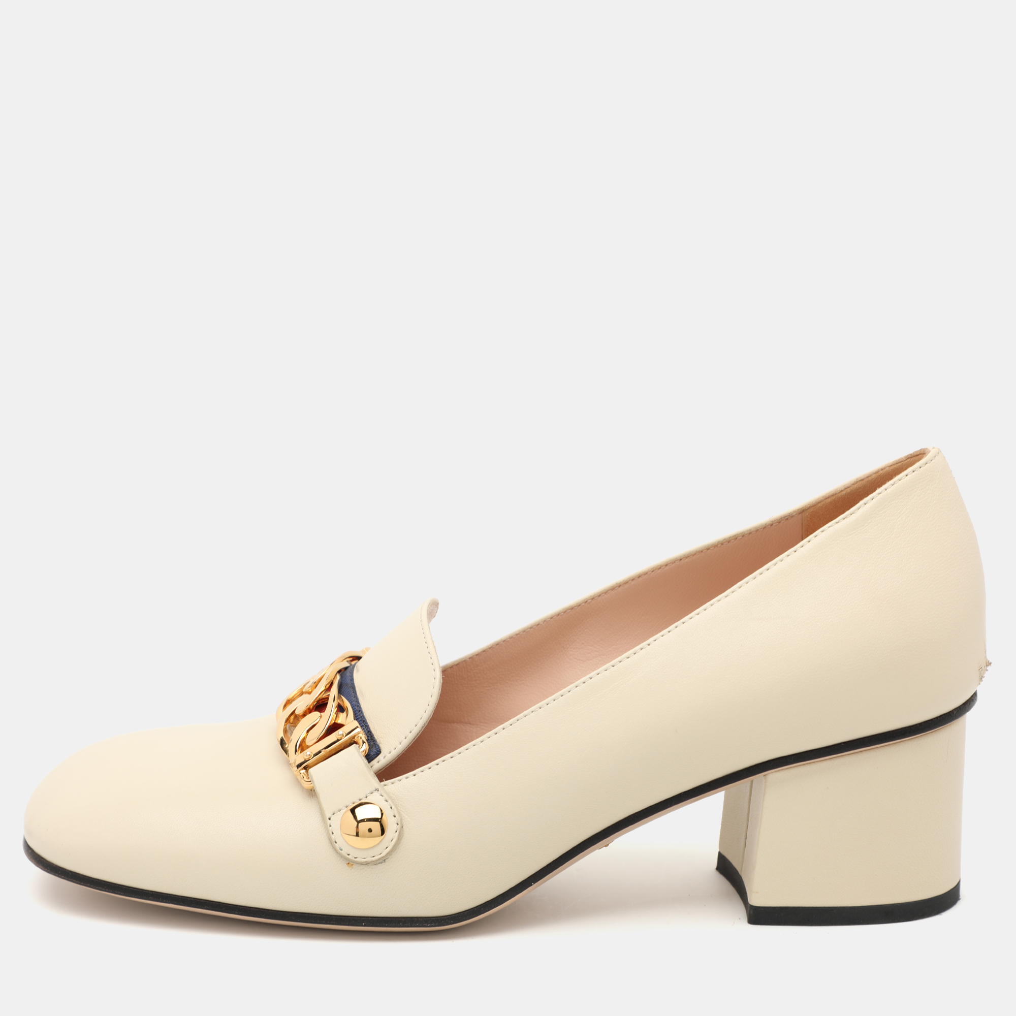 Pre-owned Gucci Cream Leather Mary Jane Sylvie Pumps Size 38