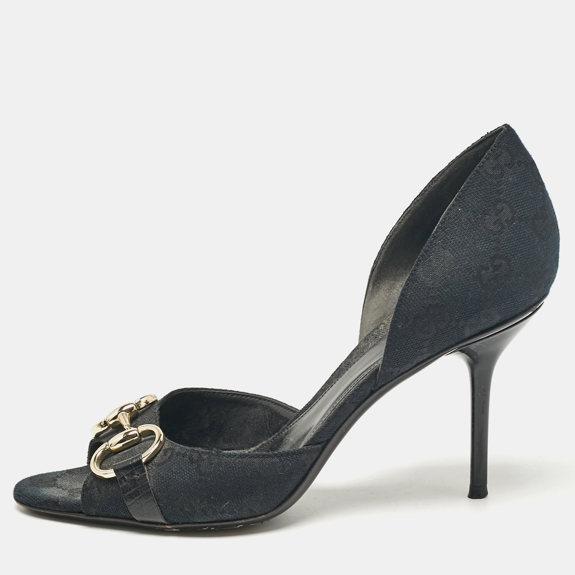 

Gucci Black Canvas GG Peep Toe Pumps Size