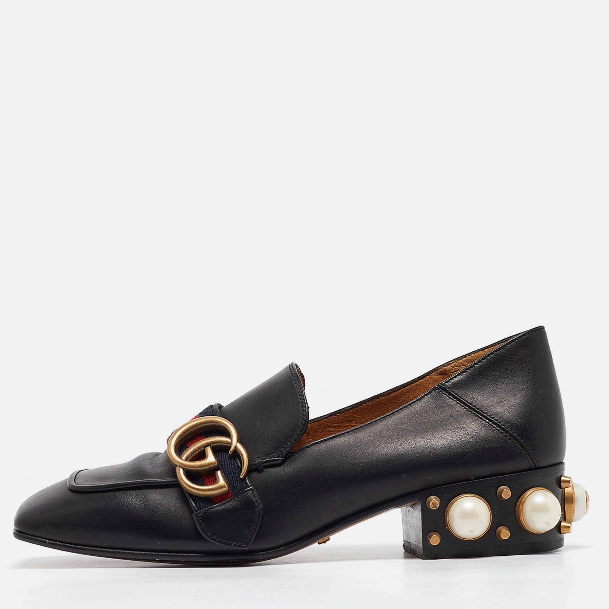 

Gucci Black Leather GG Web Peyton Loafers Size