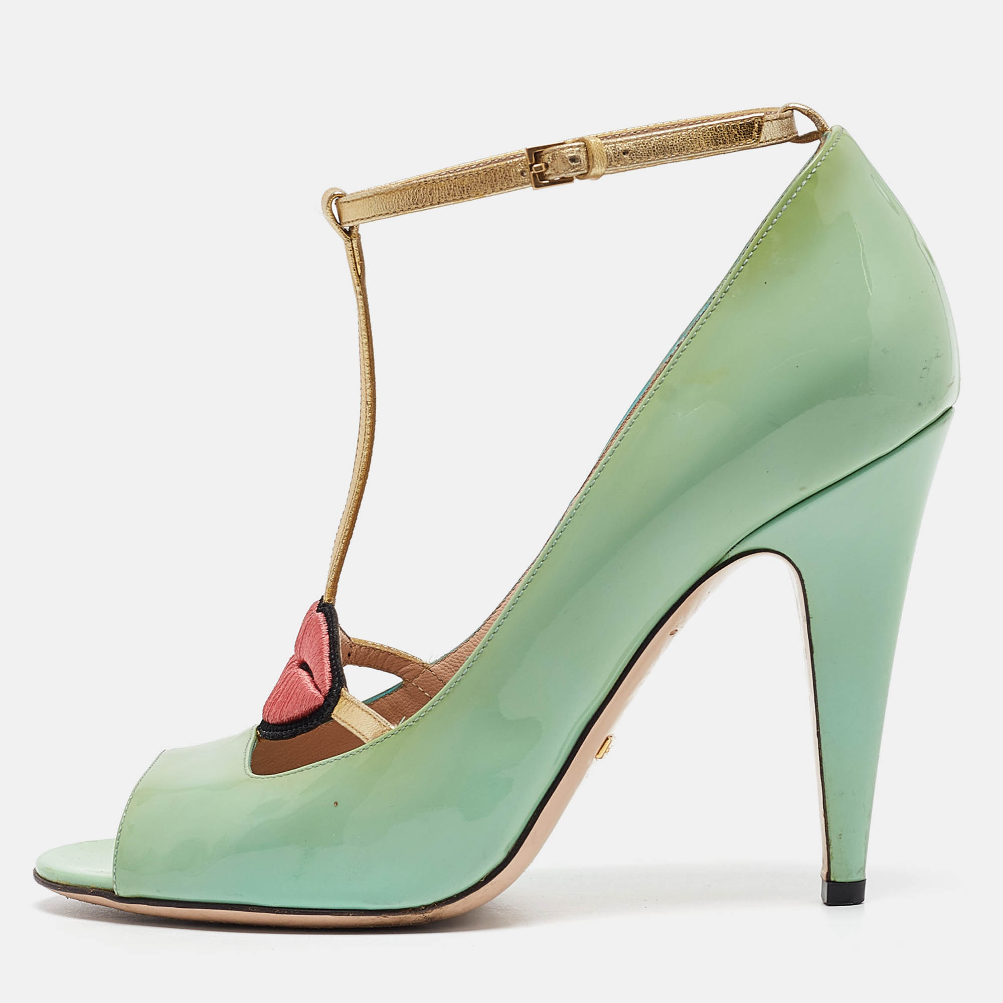 

Gucci Green Patent Leather Molina Peep Toe Pumps Size