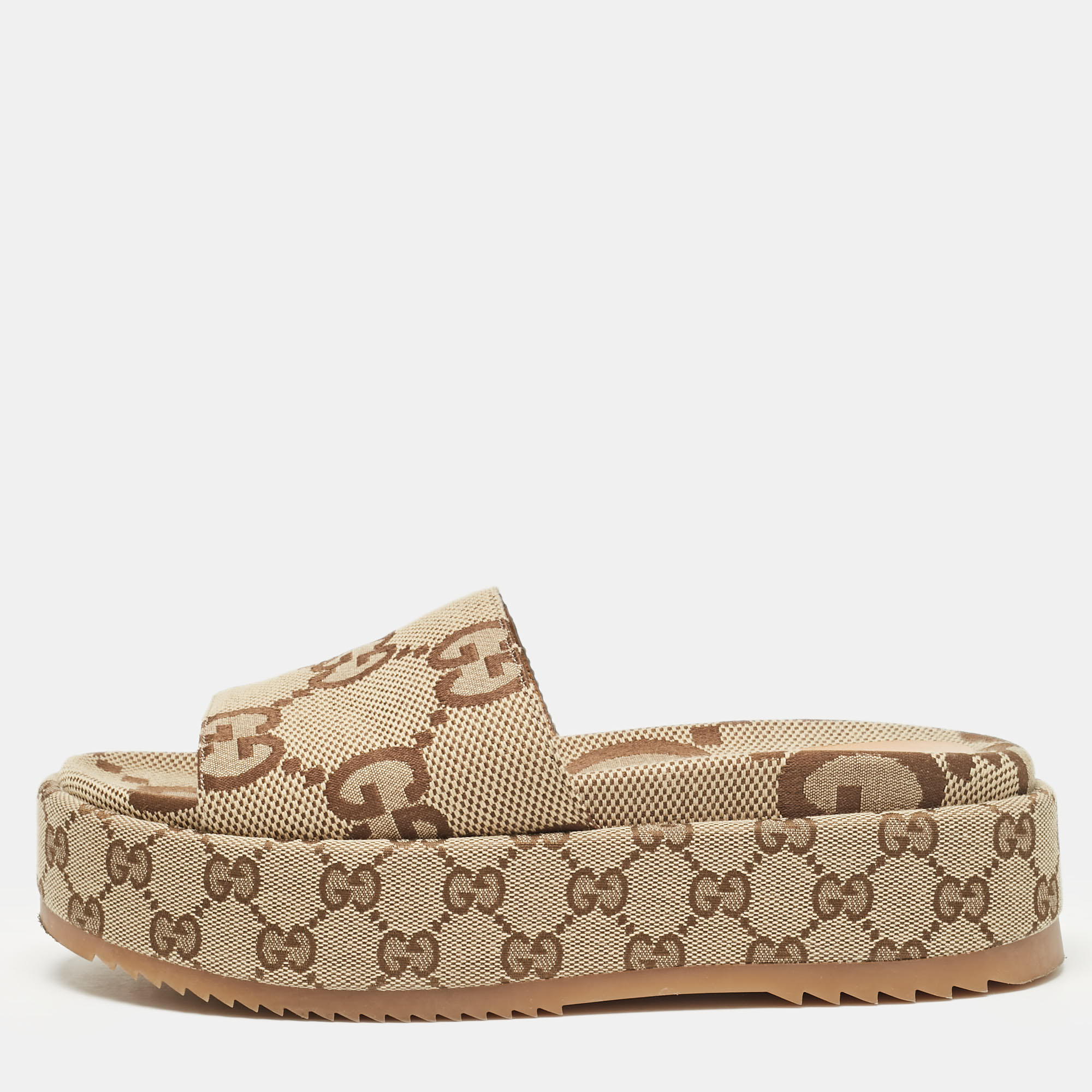 

Gucci Beige GG Canvas Platform Flat Sandals Size