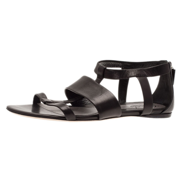 Pre Owned Gucci Black Leather Belle Flat Gladiator Sandals Size 38