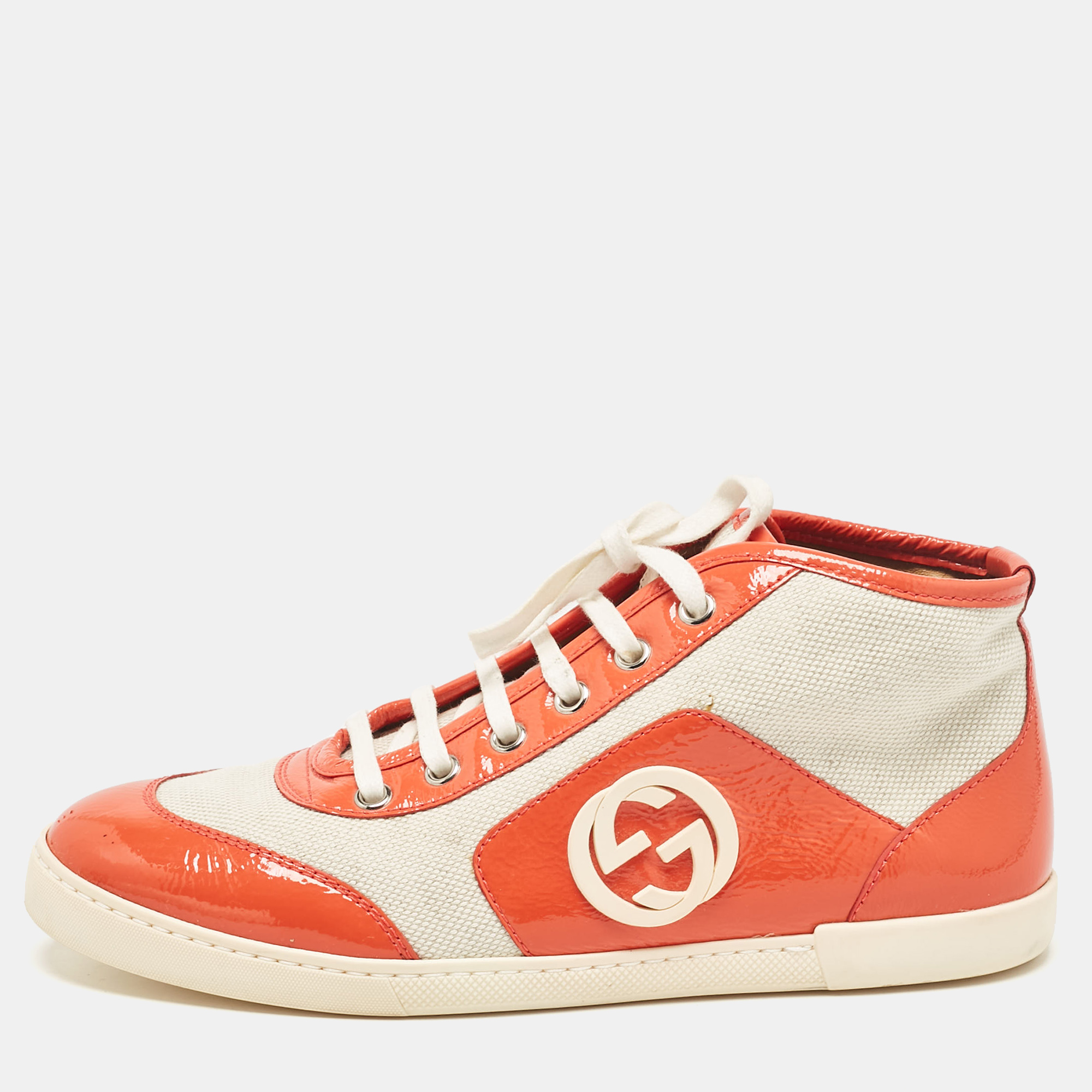 Pre-owned Gucci Orange Canvas And Patent Leather Gg High Top Sneakers Size 37