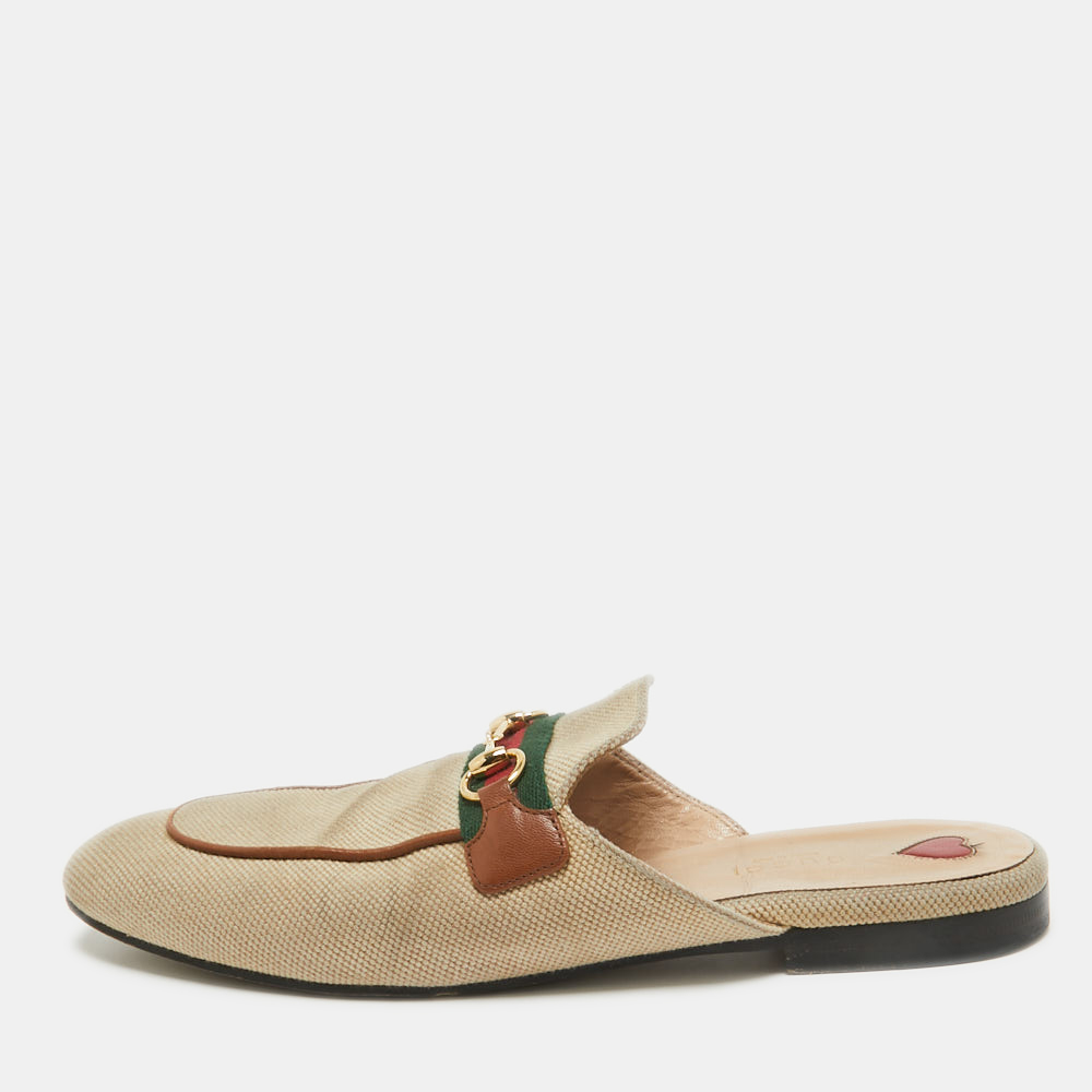 

Gucci Beige Canvas Web Princetown Mules Size