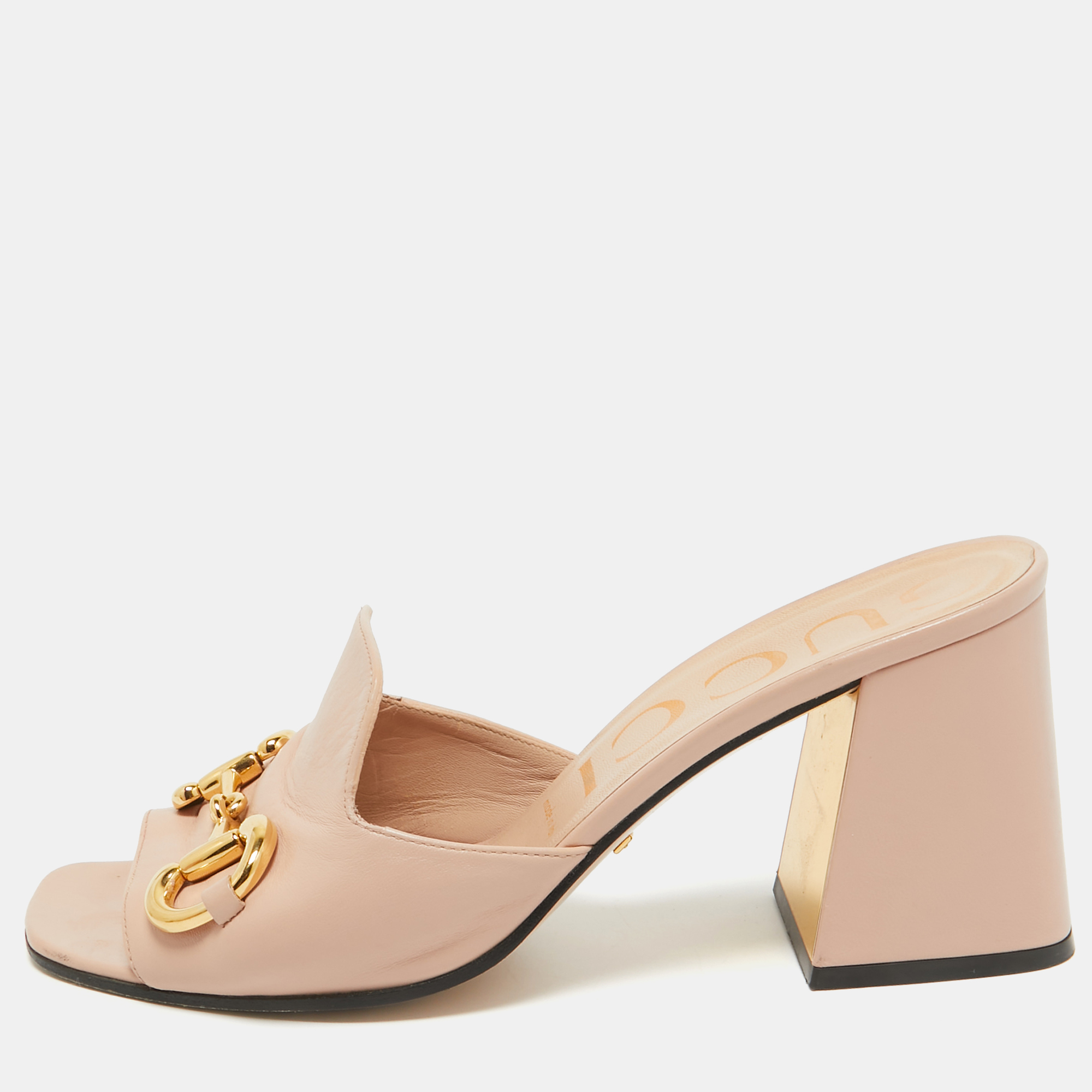 

Gucci Pink Leather Block Heel Slide Sandals Size