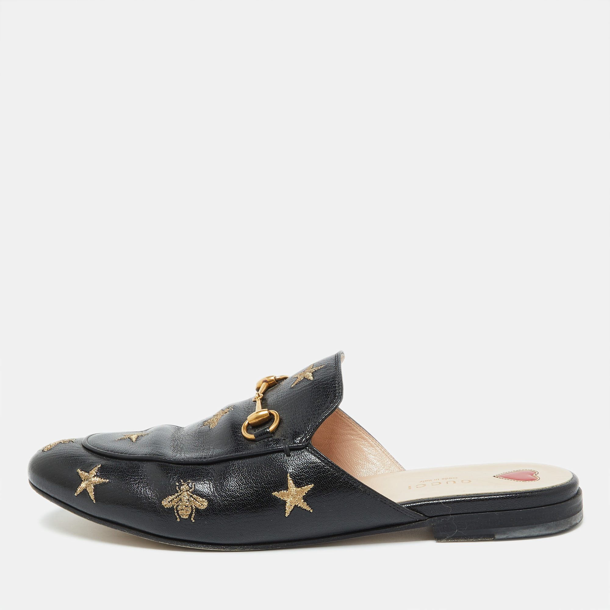 

Gucci Black Leather Star and Bee Embroidered Princetown Mules Size