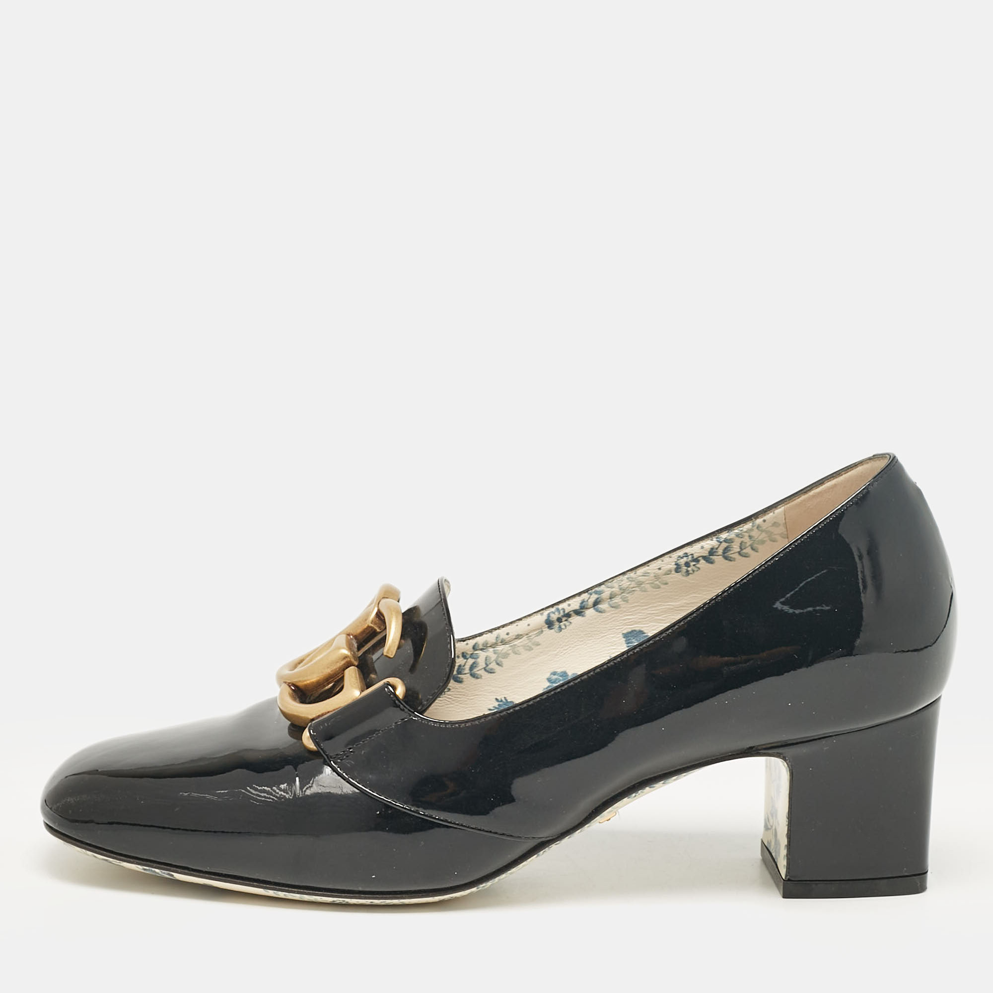 

Gucci Black Patent Leather GG Marmont Block Heel Pumps Size