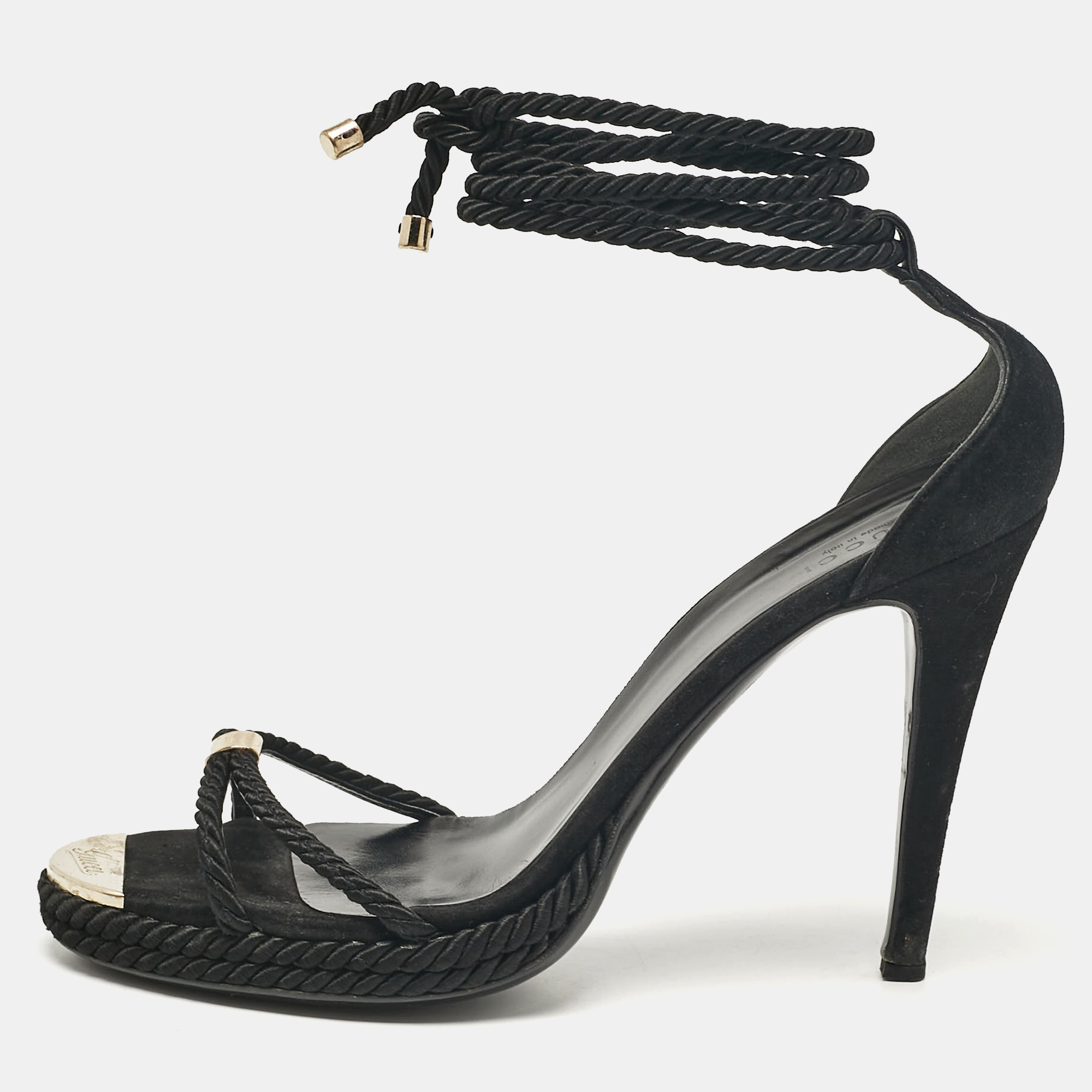 

Gucci Black Suede and Woven Fabric Ankle Strap Sandals Size