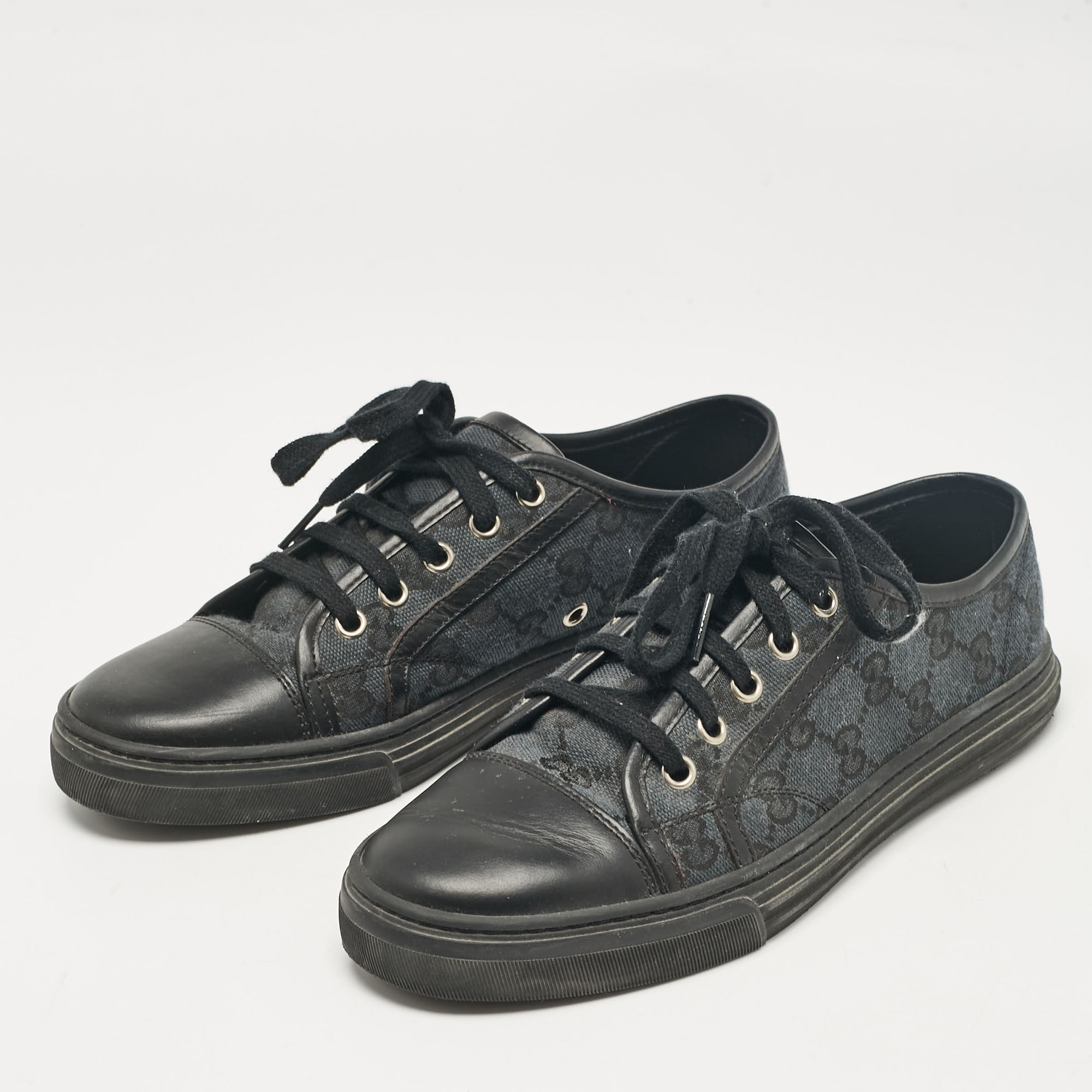 Gucci Black/Green Canvas Leather Lace Up Sneakers Size 37 