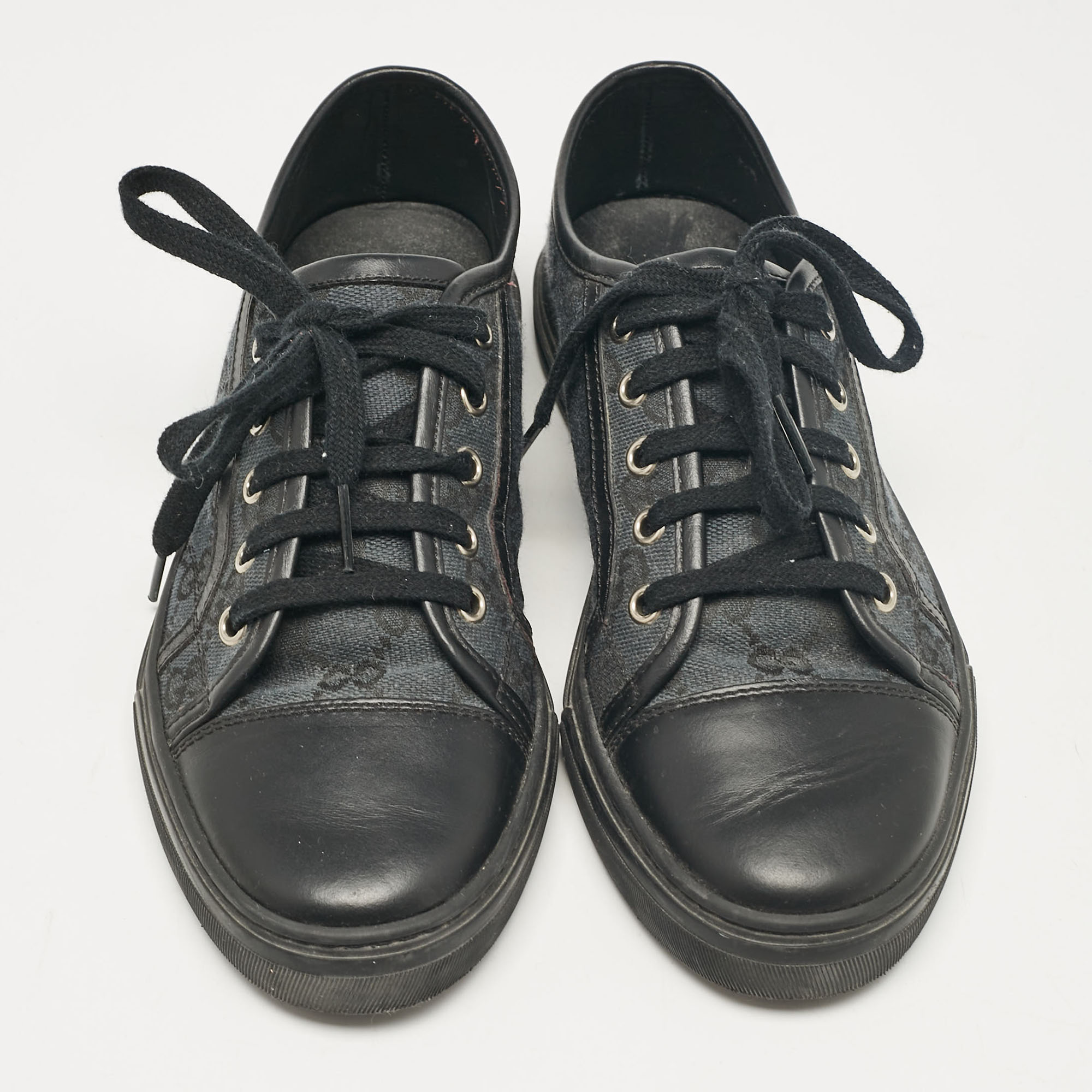 Gucci Black/Green Canvas Leather Lace Up Sneakers Size 37 