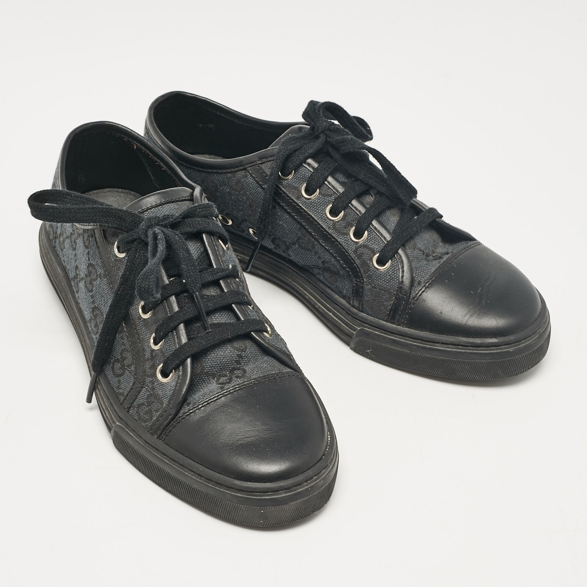 Gucci Black/Green Canvas Leather Lace Up Sneakers Size 37 