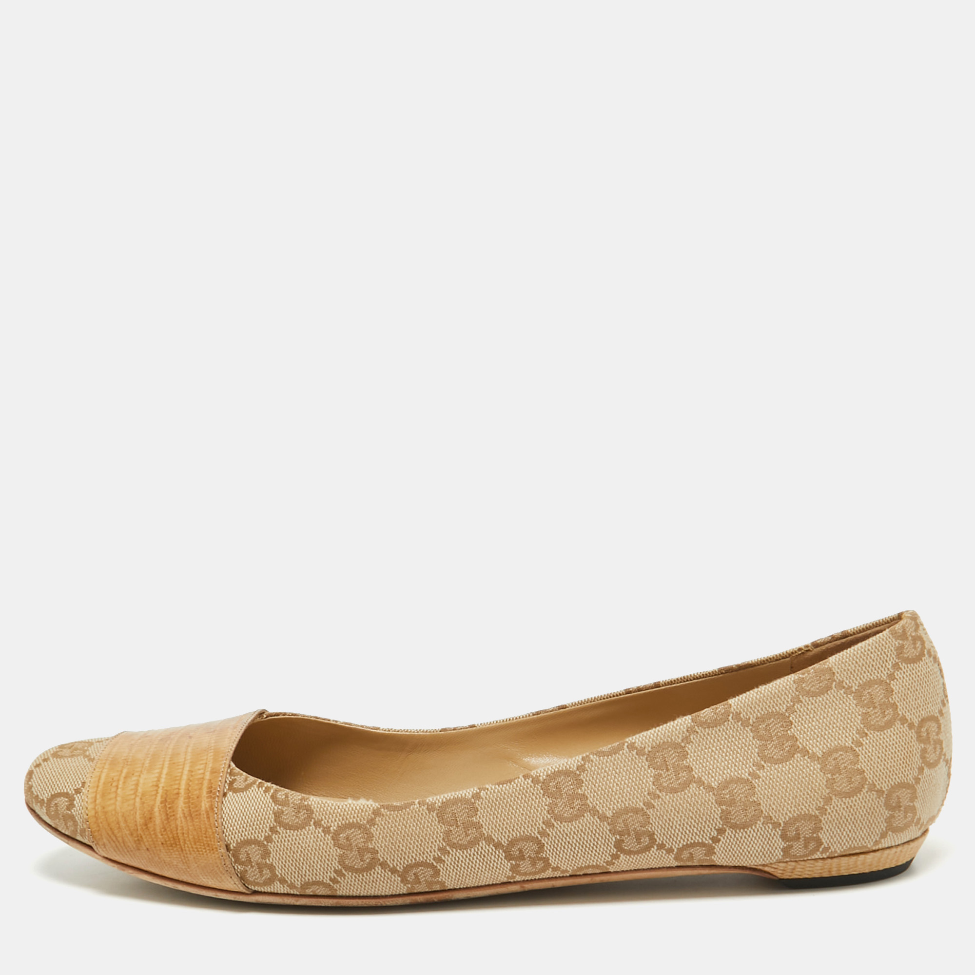 

Gucci Beige/Brown GG Canvas and Embossed Lizard Ballet Flats Size