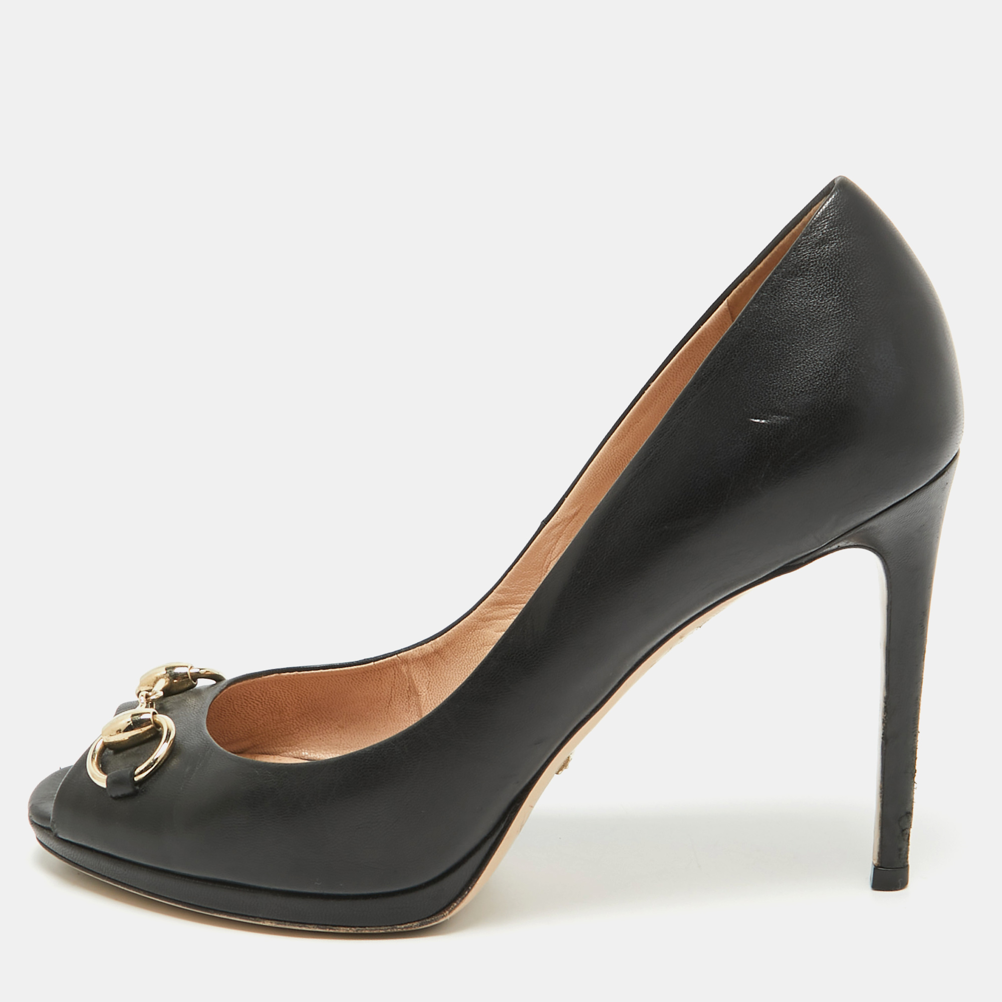 

Gucci Black Leather Hollywood Peep Toe Pumps Size