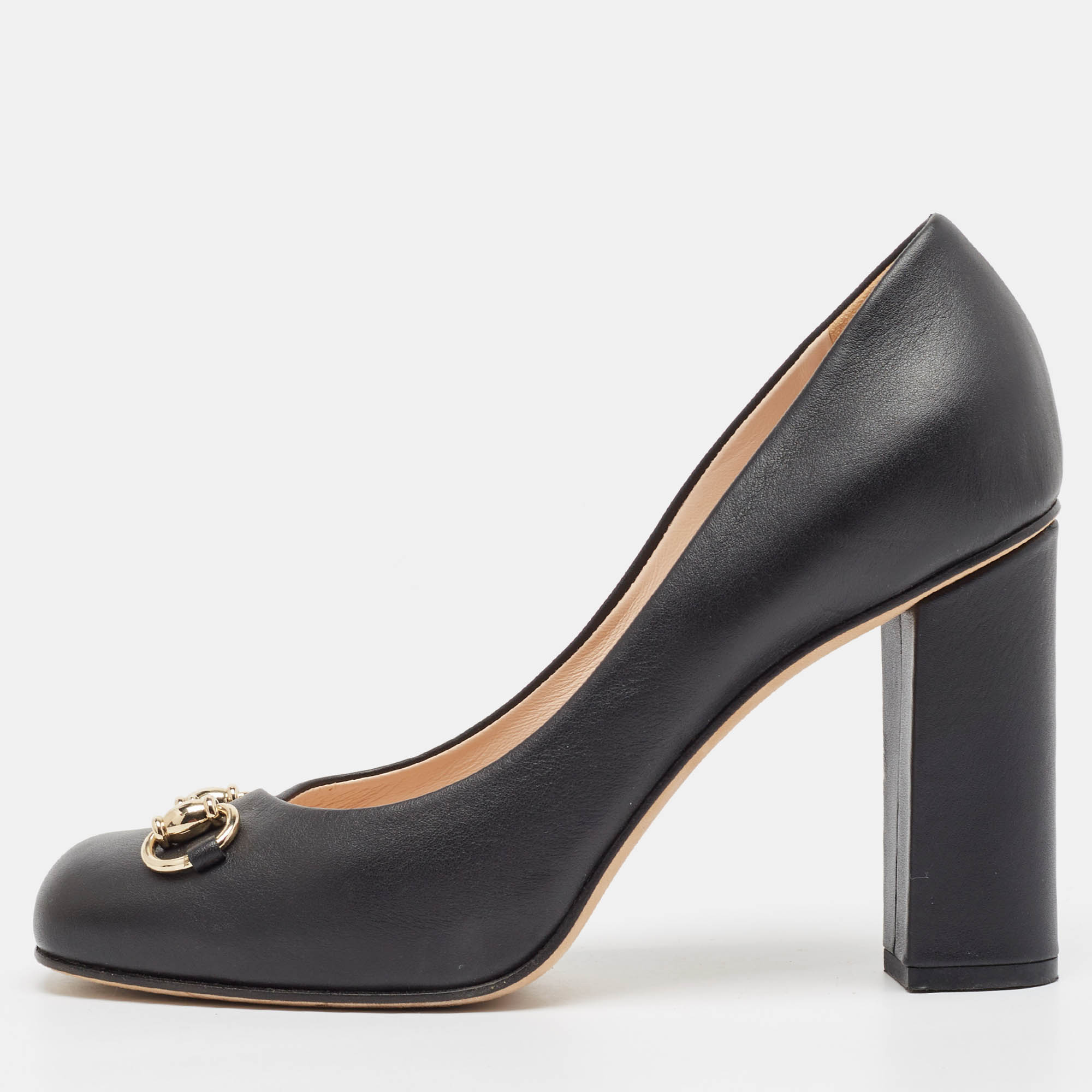 

Gucci Black Leather Horsebit Block Heel Pumps Size