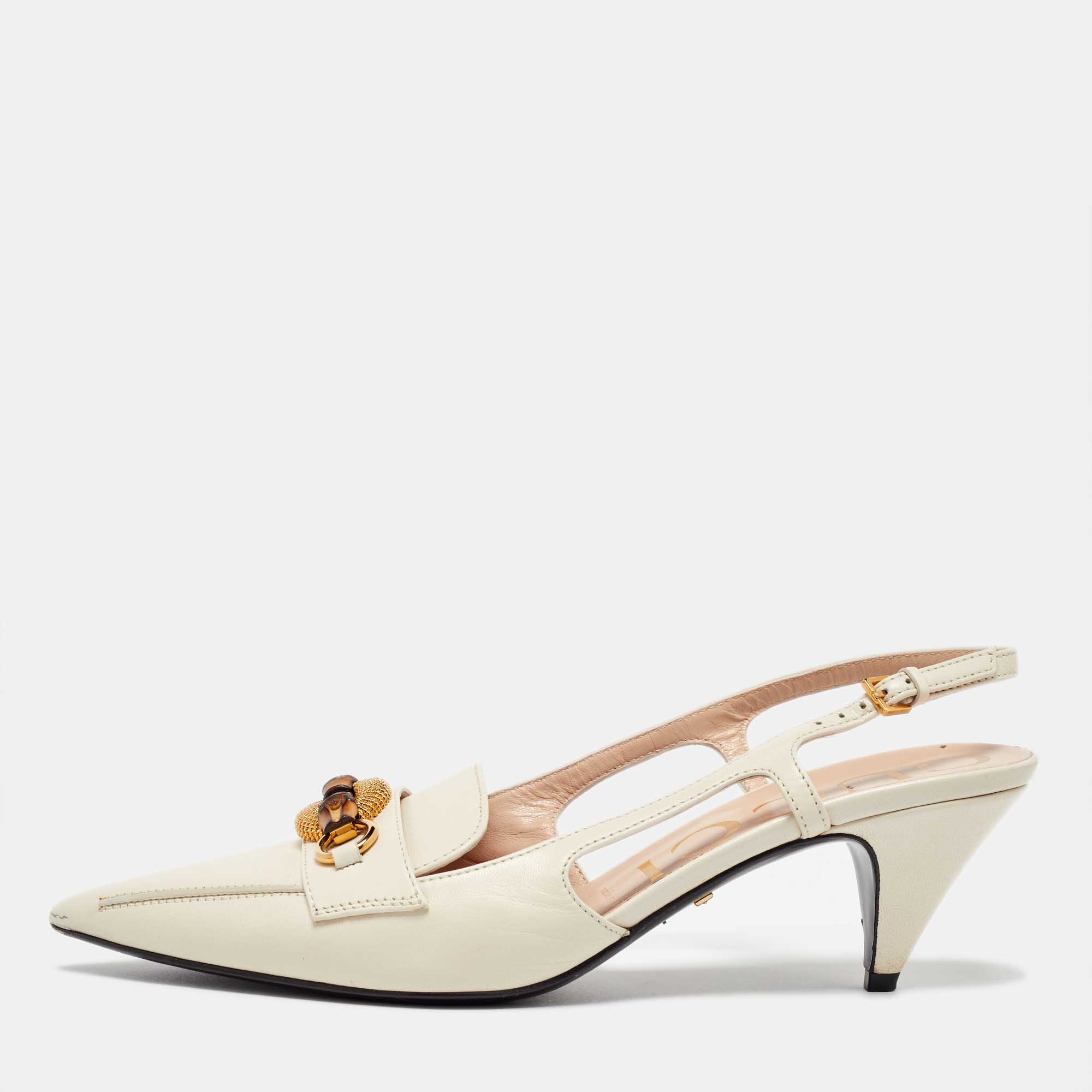 

Gucci Off White Leather Horsebit Bamboo Slingback Mule Sandals Size