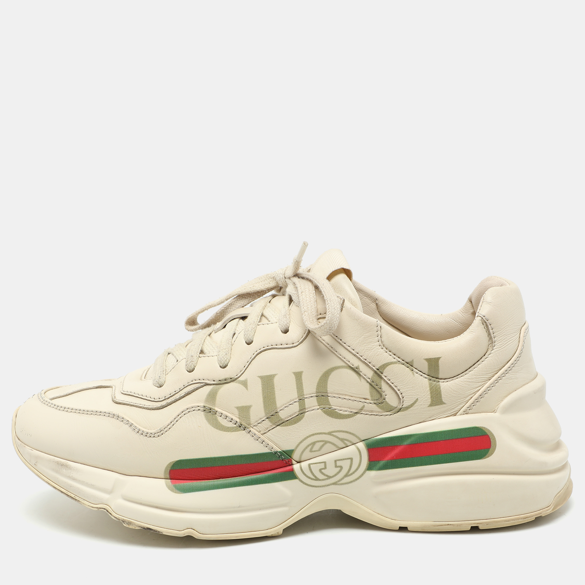 

Gucci Cream Leather Rhyton Logo Low Top Sneakers Size