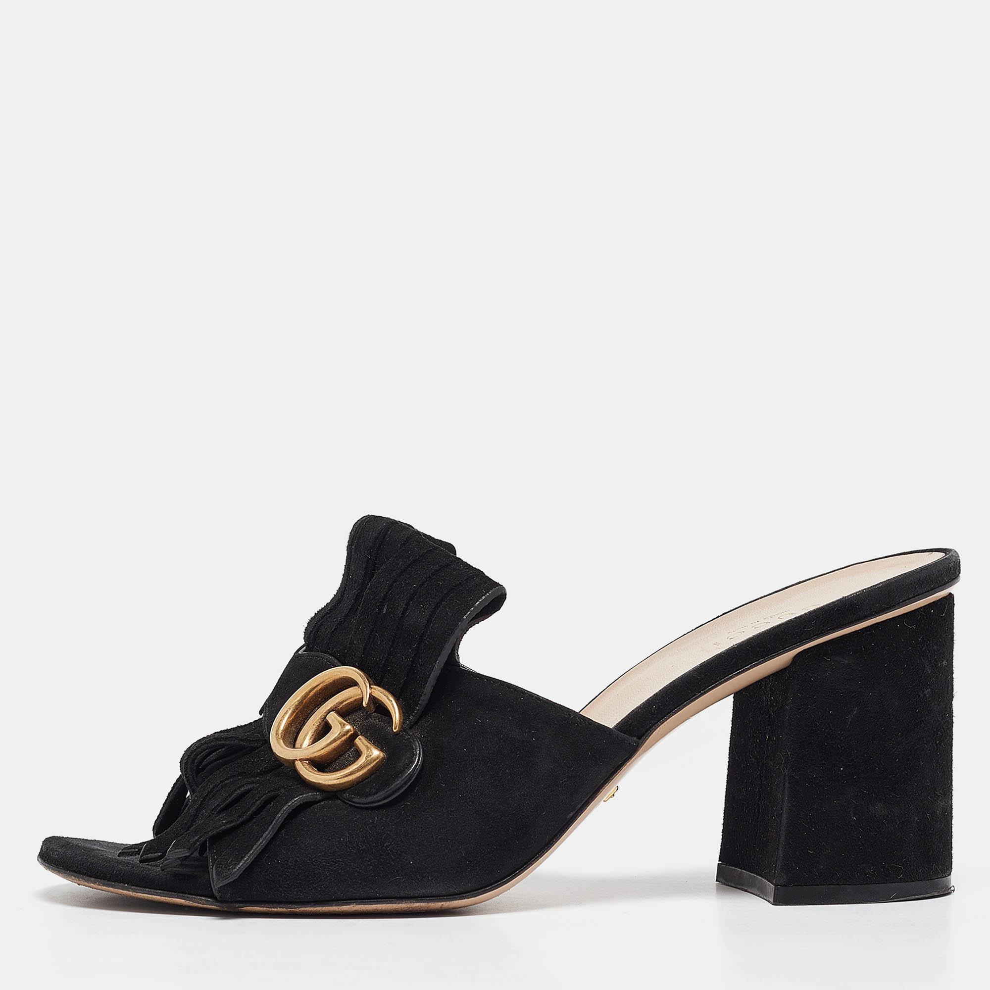 Pre-owned Gucci Black Suede Gg Slide Sandals Size 40