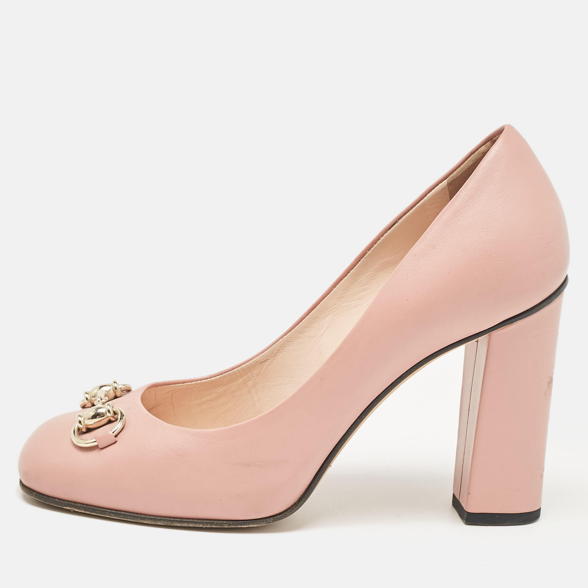 

Gucci Pink Leather Horsebit Block Heel Pumps Size