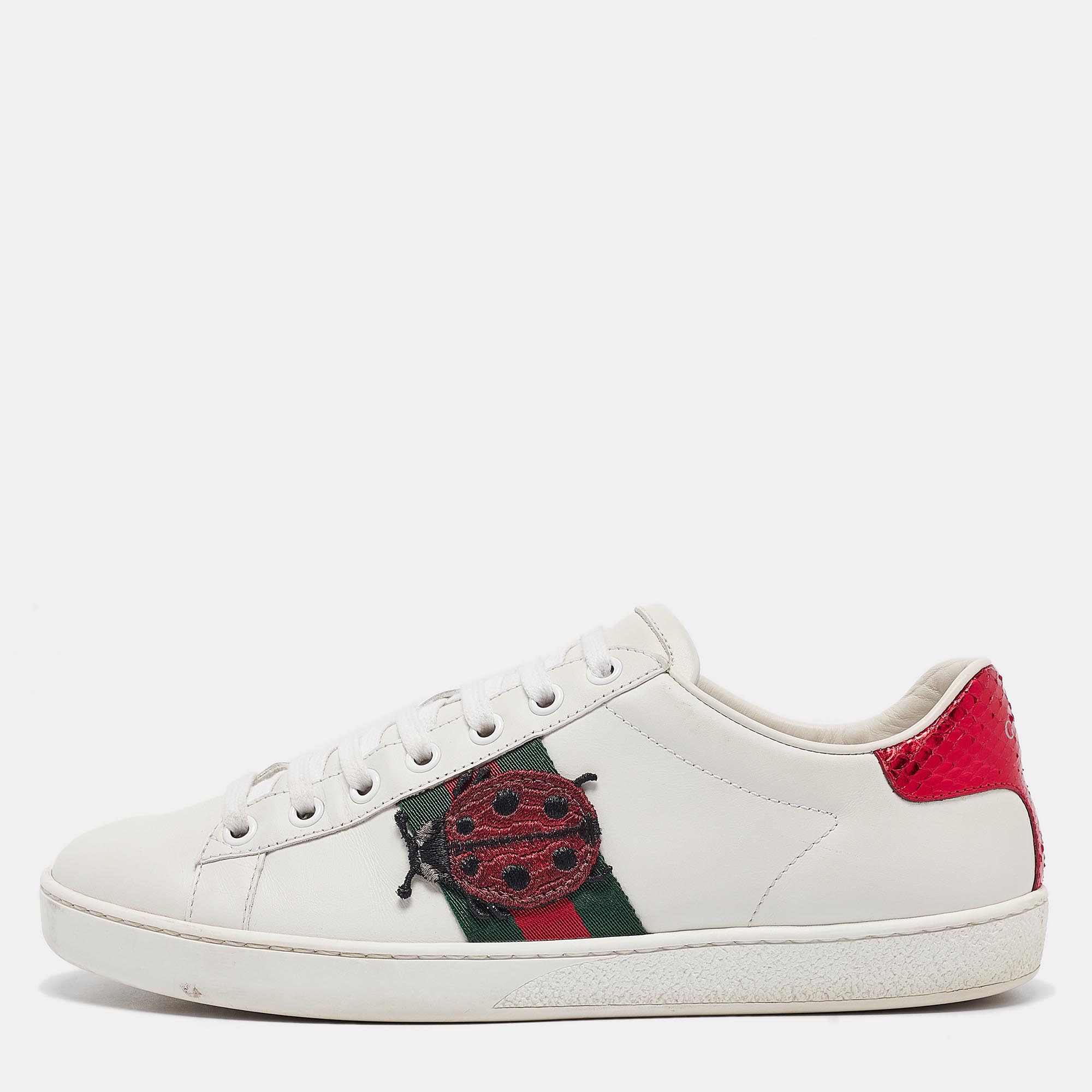 

Gucci White Leather Pineapple and Lady Bug Applique Ace Sneakers Size