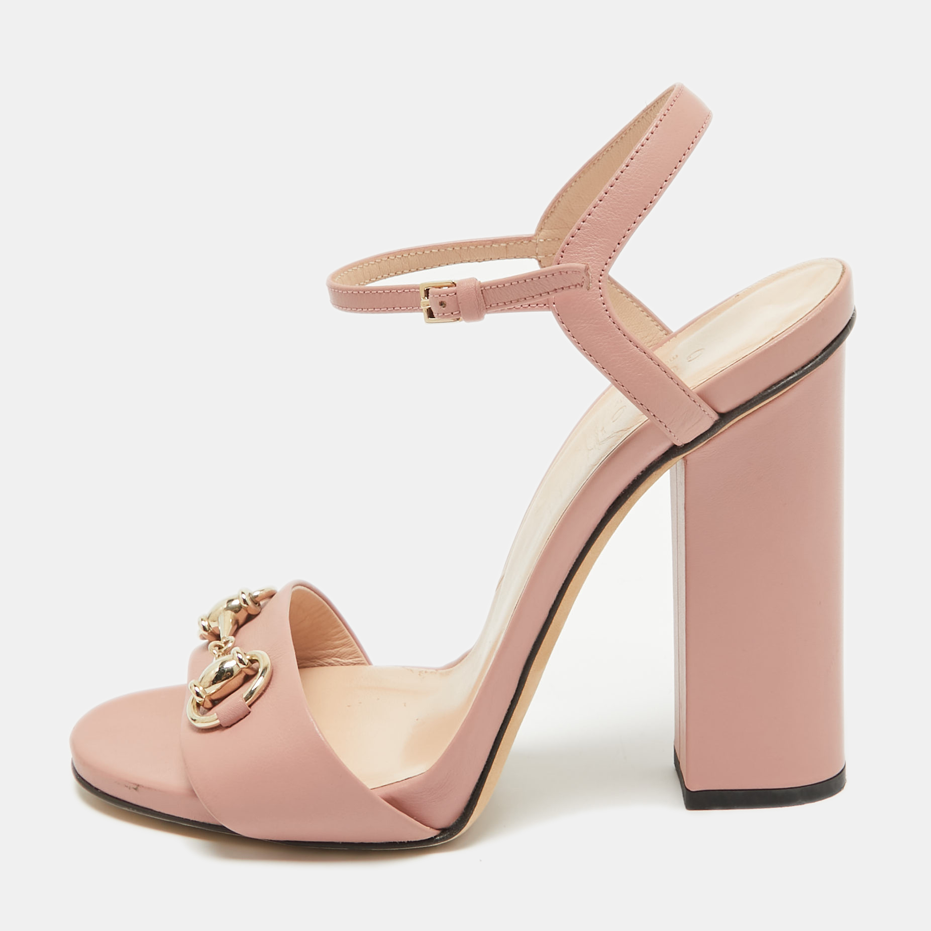 

Gucci Pink Leather Horsebit Ankle Strap Sandals Size