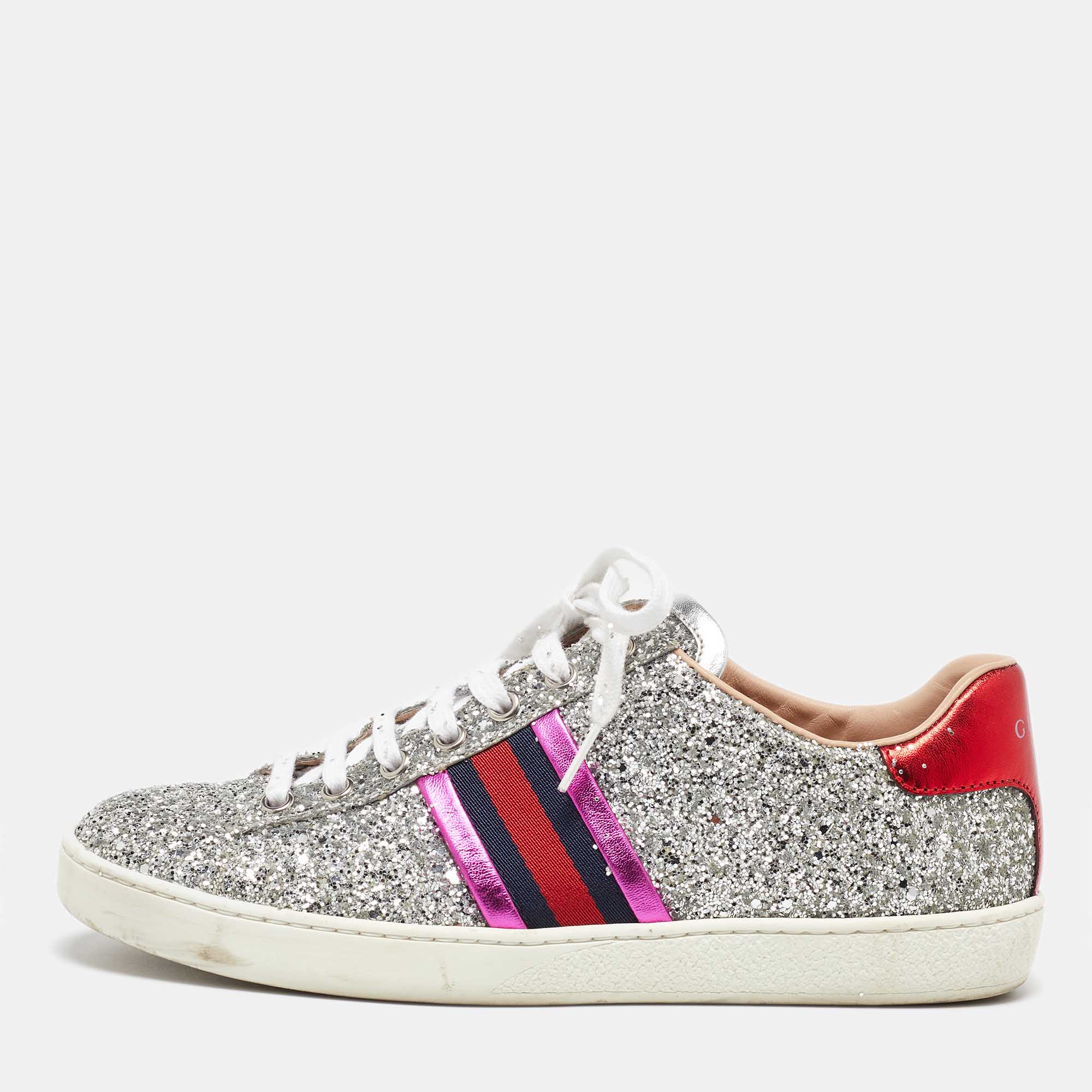 

Gucci Tri Color Glitter and Leather Ace Web Low Top Sneakers Size, Multicolor