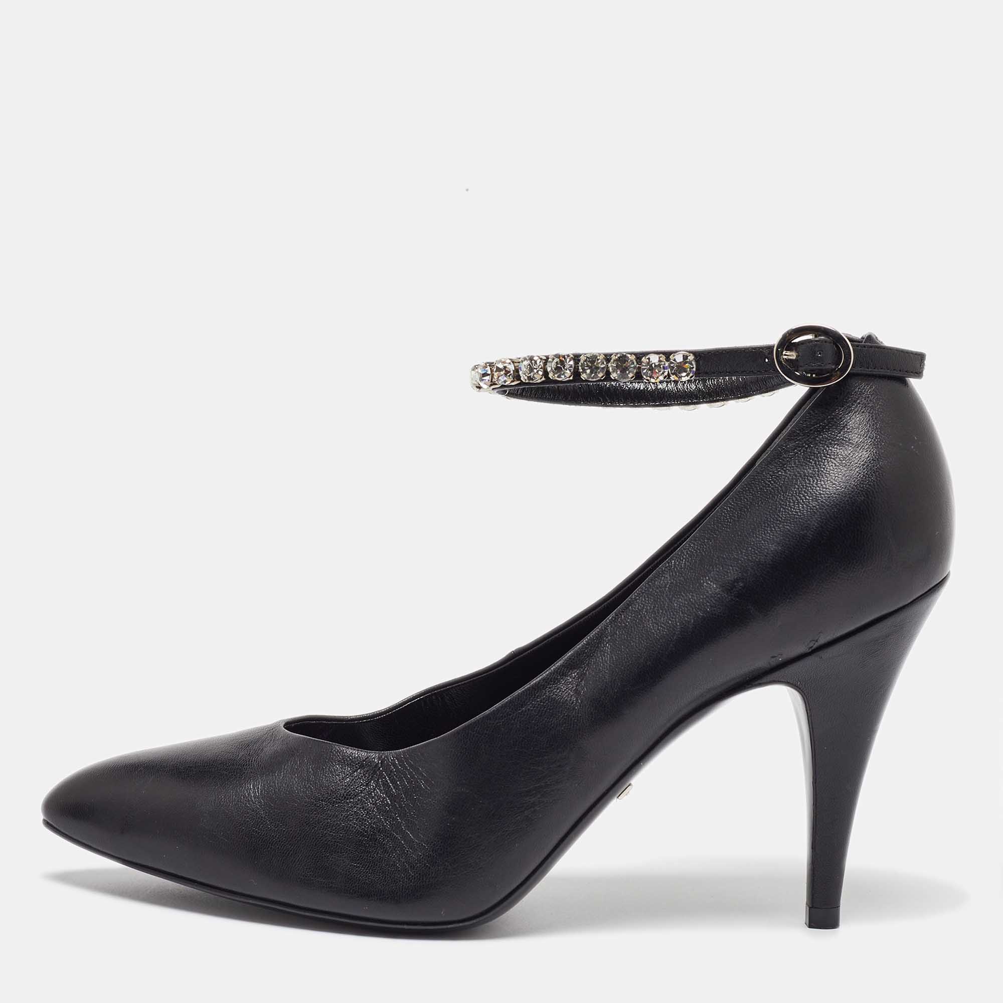 

Gucci Black Leather Crystal Embellished Ankle Strap Pumps Size