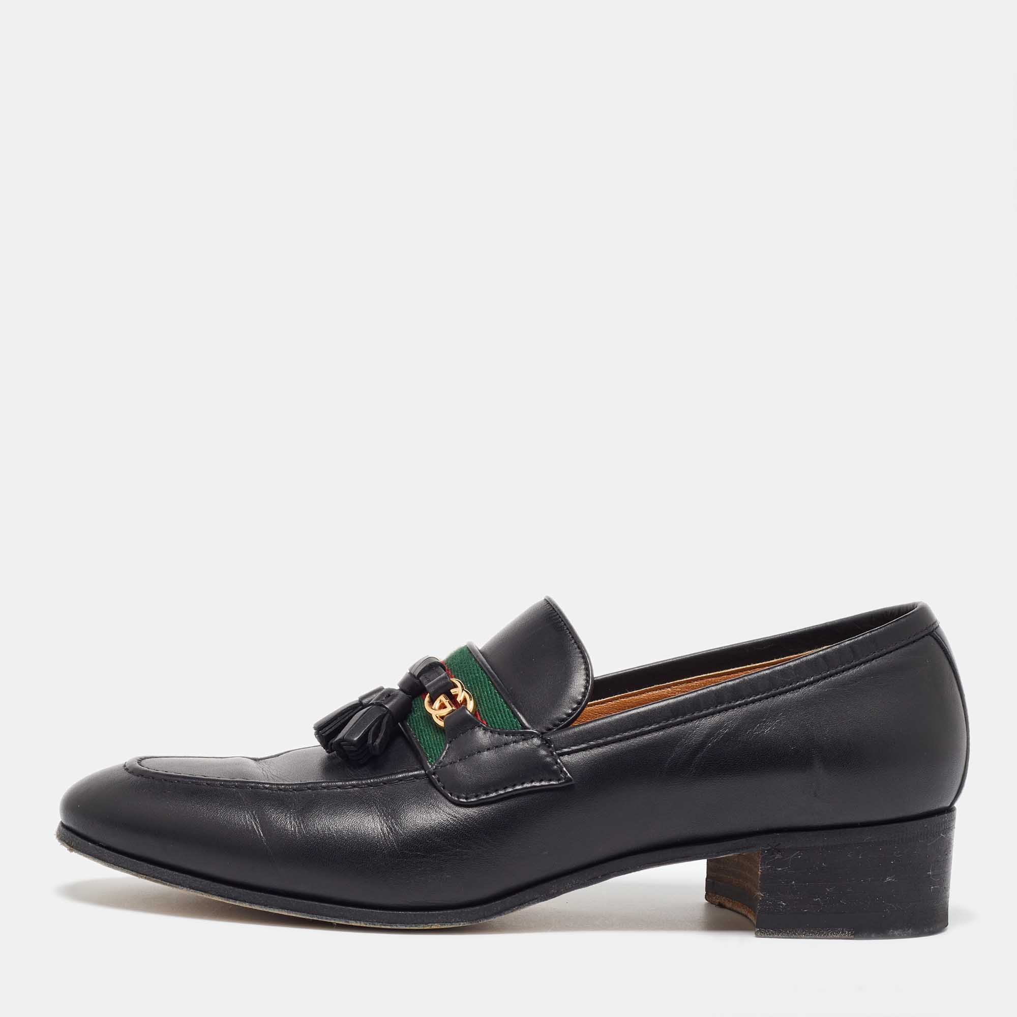 

Gucci Black Leather Web GG Detailed Tassel Loafers Size