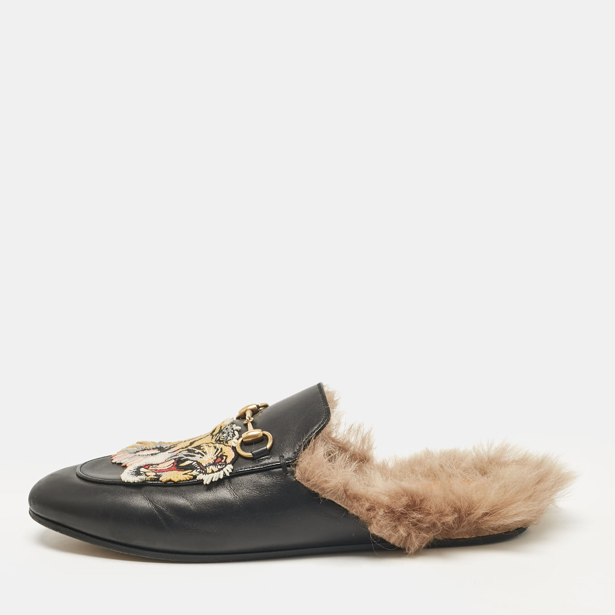 

Gucci Black Leather and Fur Tiger Embroidered Princetown Mules Size