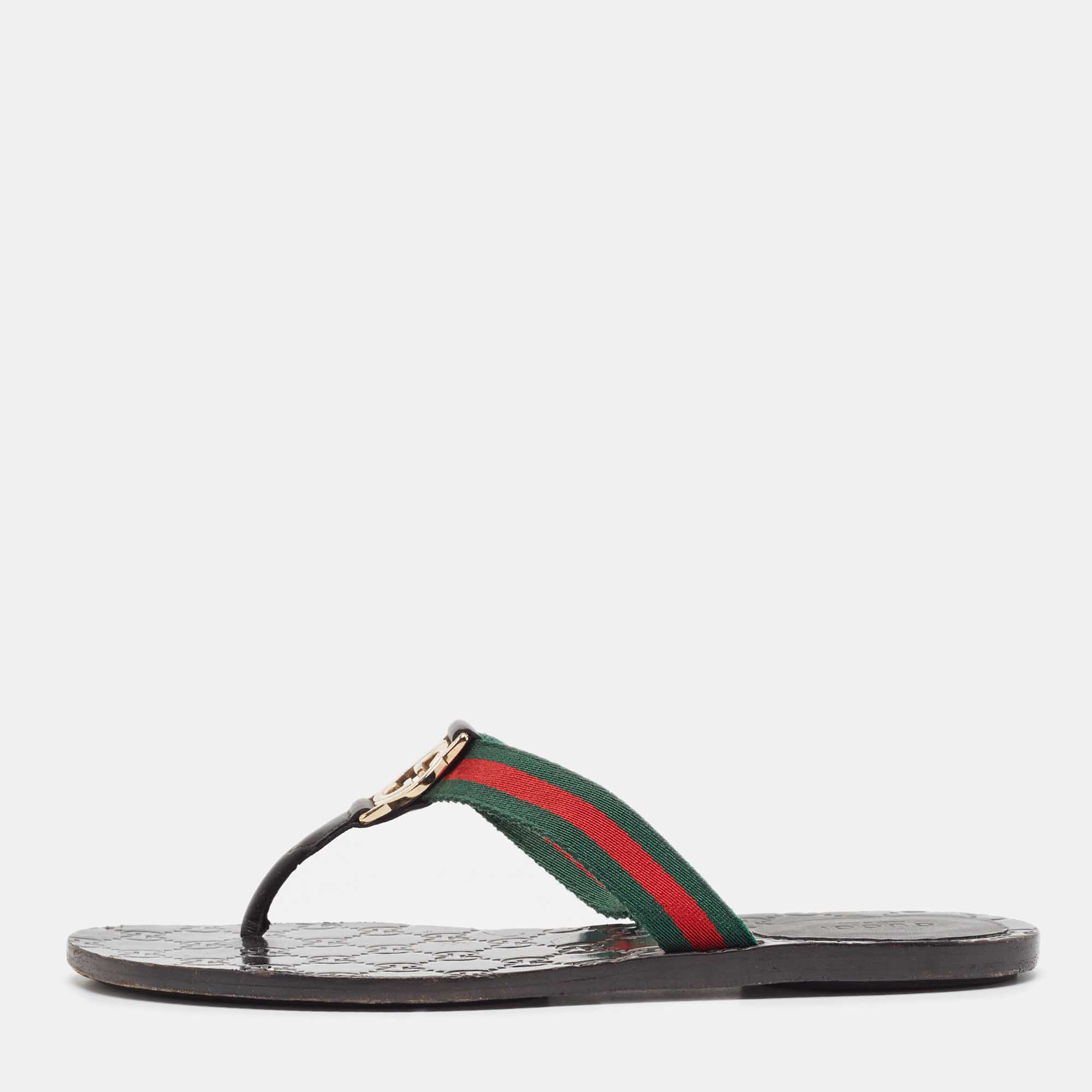 Pre-owned Gucci Black Canvas Web Flat Sandals Size 38.5