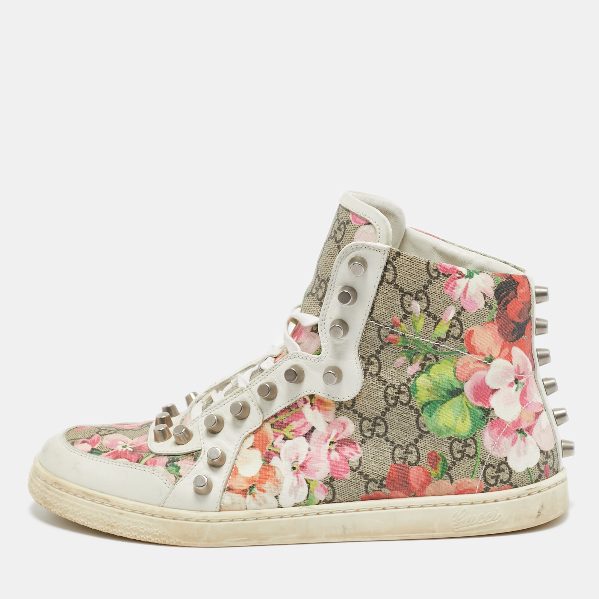 

Gucci White Floral Print Canvas and Leather High Top Sneakers Size