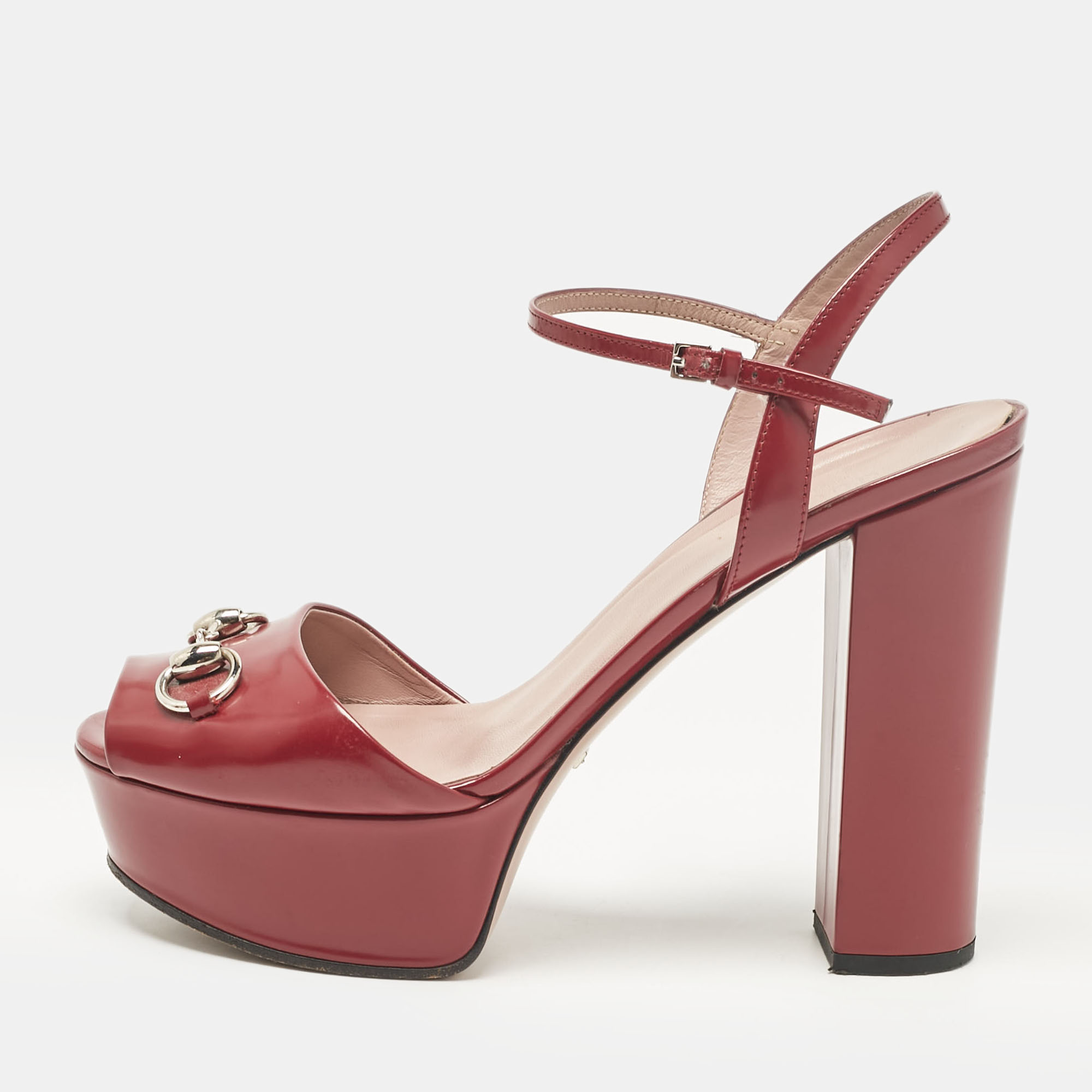 

Gucci Burgundy Leather Horsebit Platform Ankle Strap Sandals Size