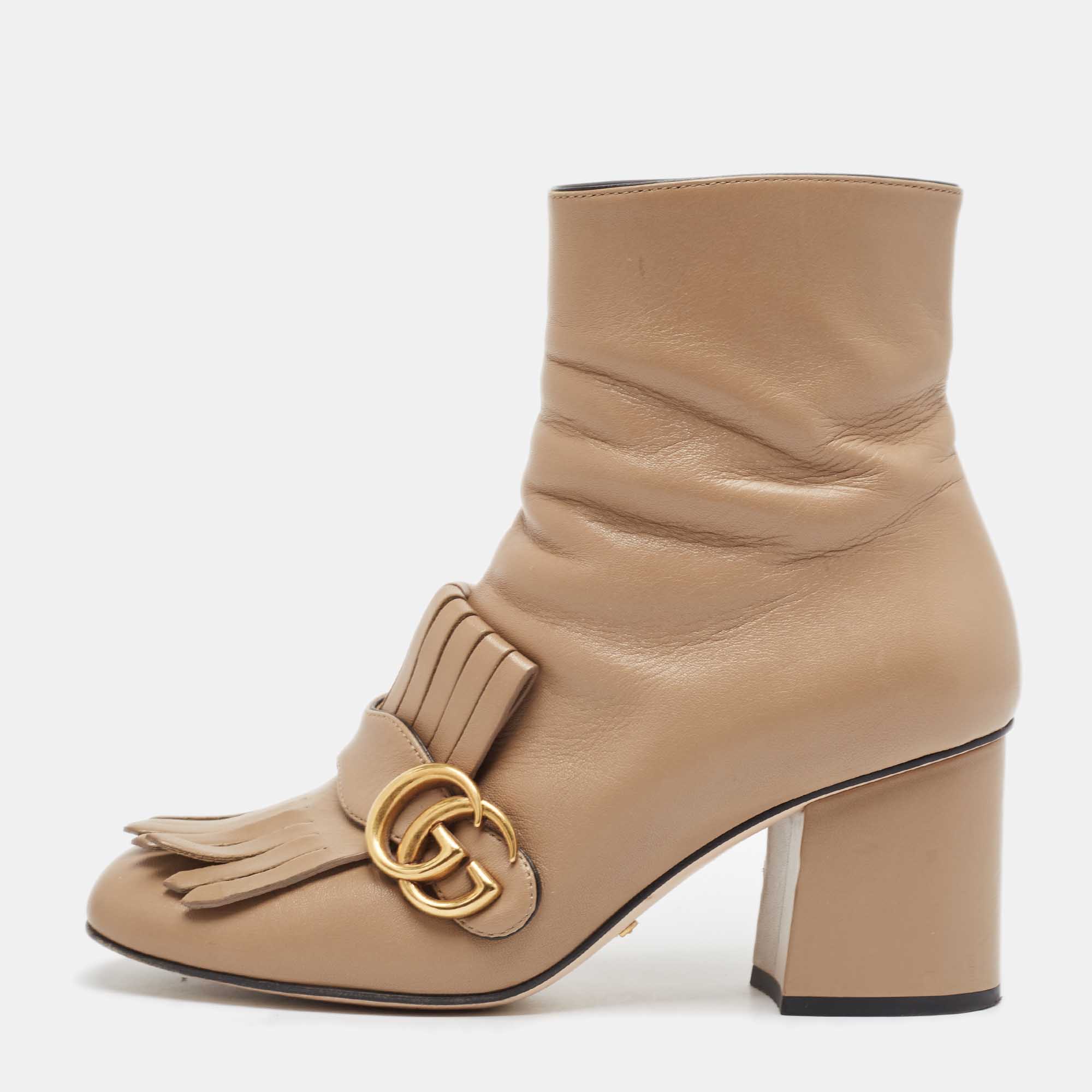 

Gucci Brown Leather GG Marmont Fringe Ankle Boots Size