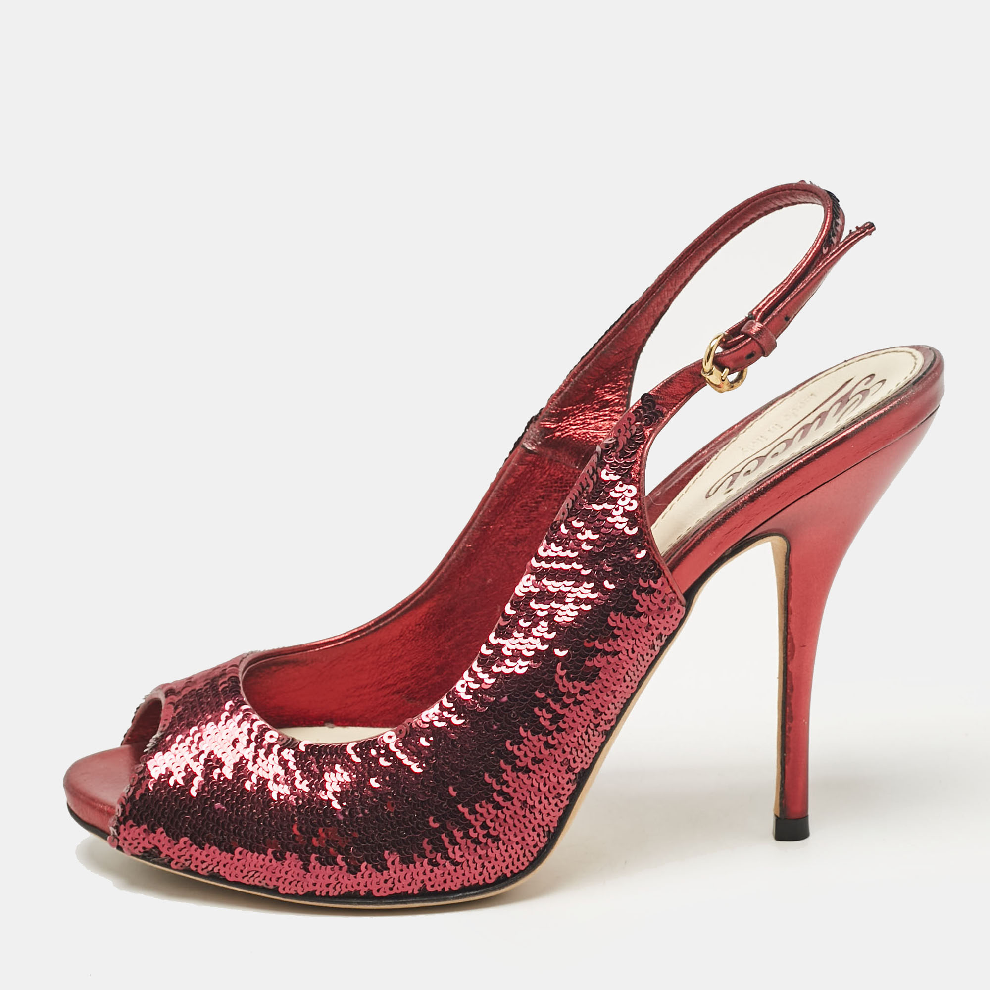 

Gucci Burgundy Sequins and Leather Peep Toe Pumps Size