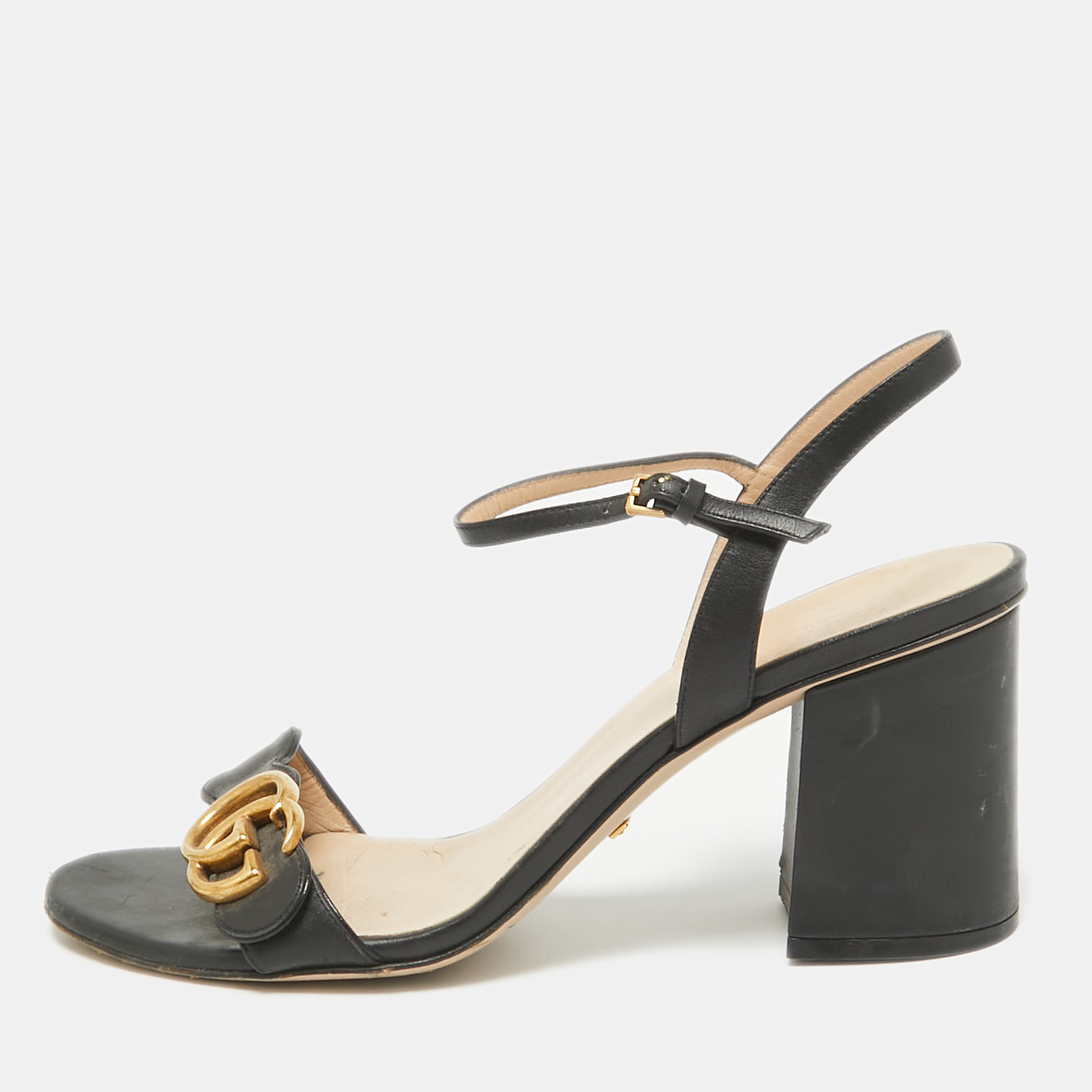 

Gucci Black Leather GG Marmont Ankle Strap Sandals Size