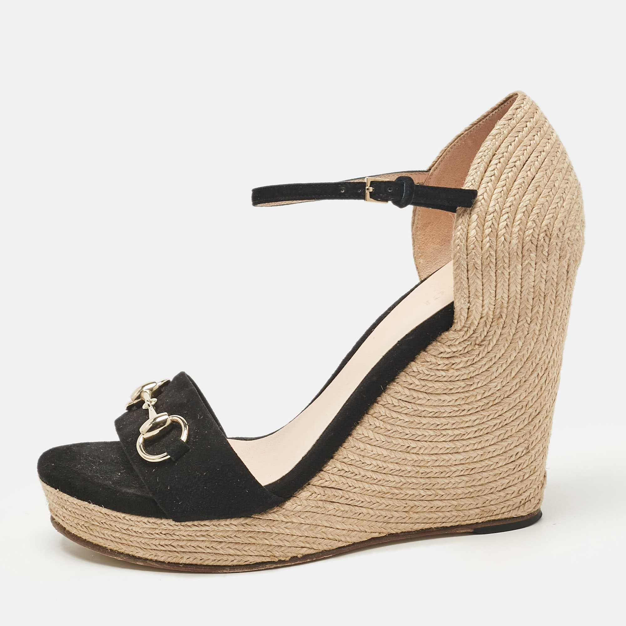 

Gucci Black Suede and Raffia Horsebit Wedge Sandals Size