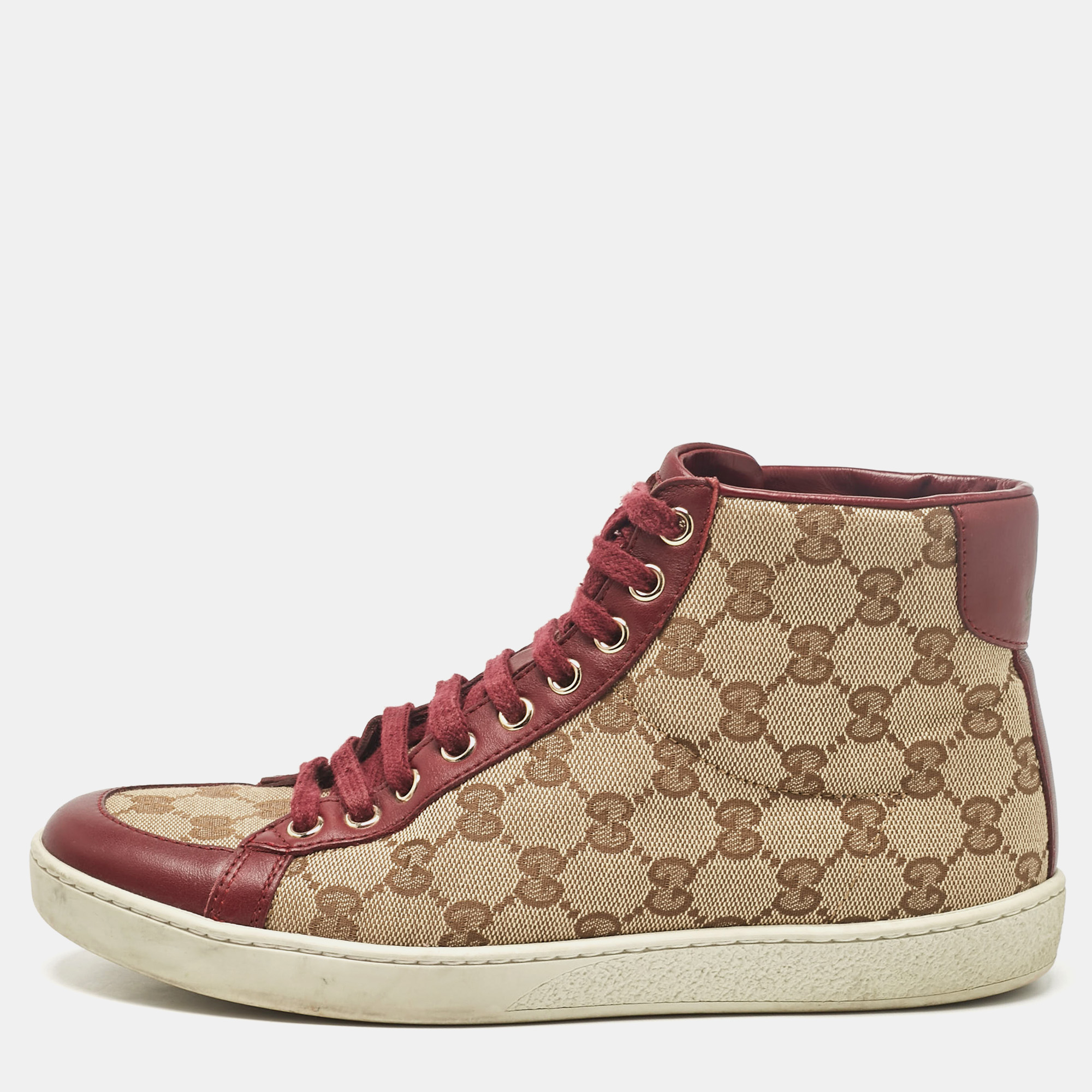 

Gucci Brown/Beige GG Canvas and Leather High Top Sneakers Size