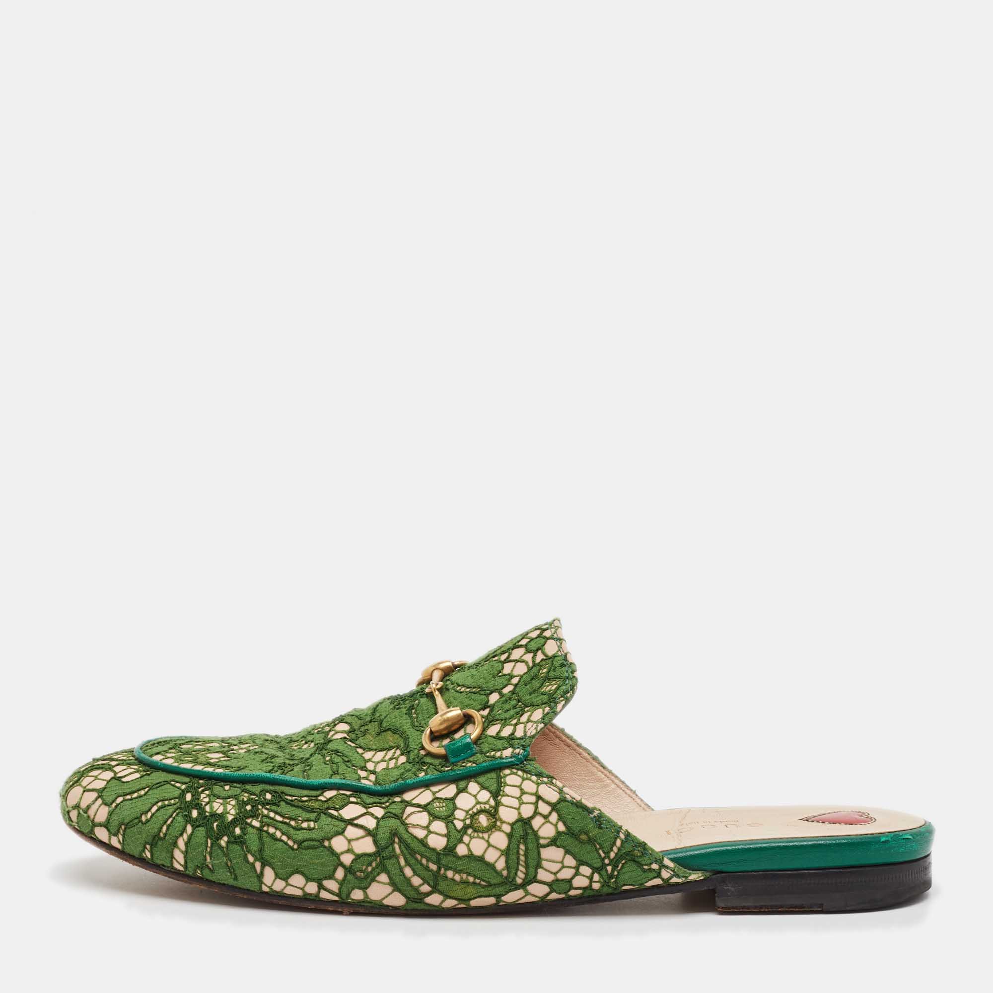 

Gucci Green Leather and Mesh Princetown Mules Size