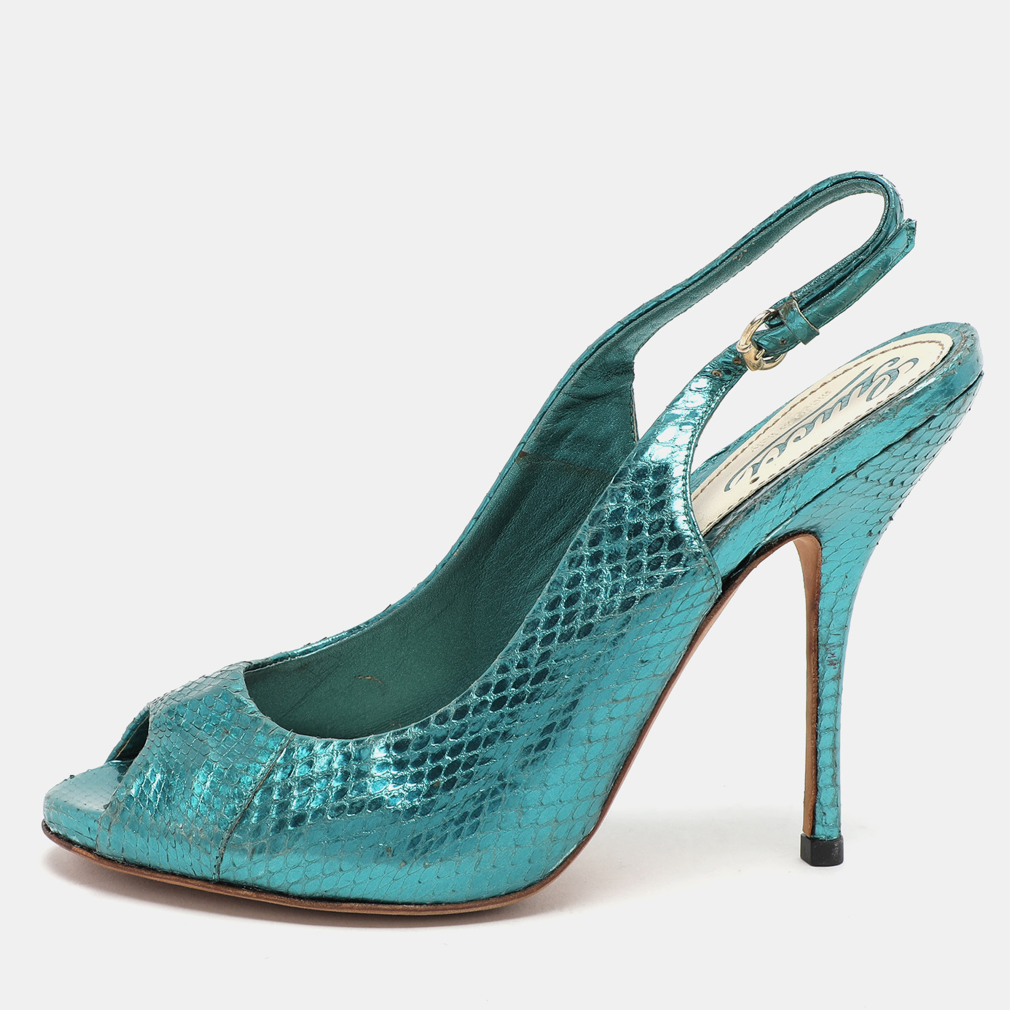 

Gucci Blue Python Embossed Leather Sofia Slingback Sandals Size