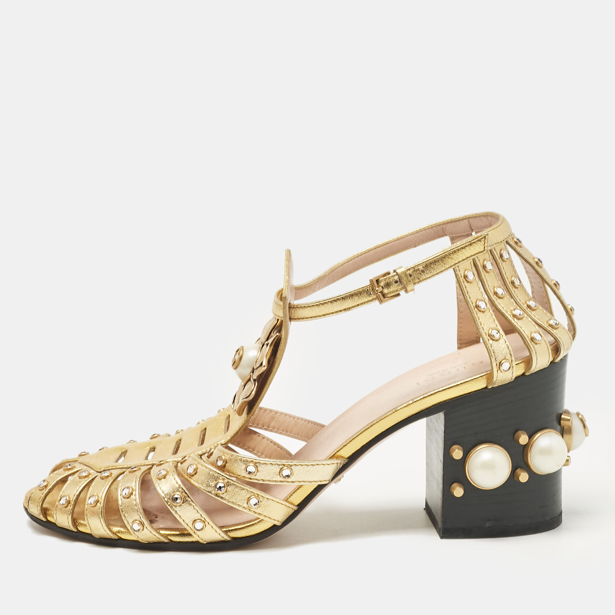 

Gucci Gold Leather Crystal Embellished Ankle Strap Sandals Size