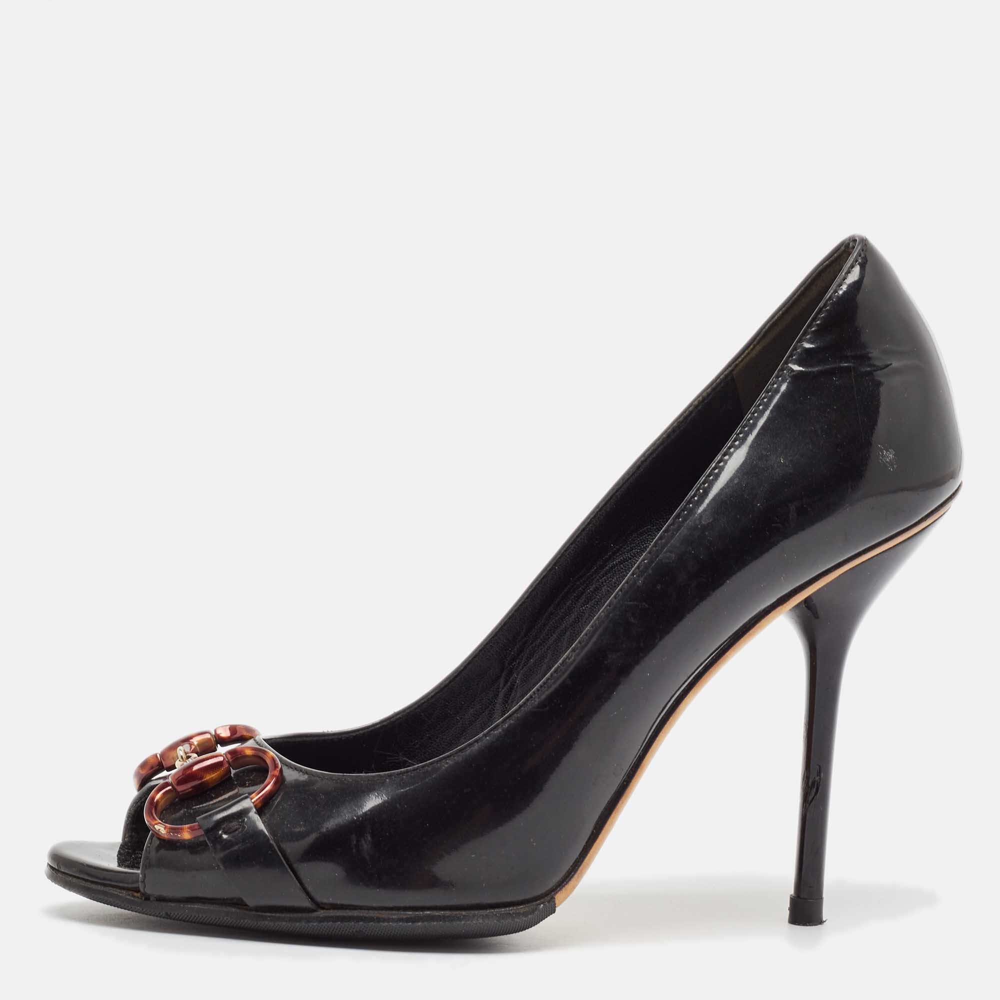 

Gucci Black Patent Leather Horsebit Peep Toe Pumps Size