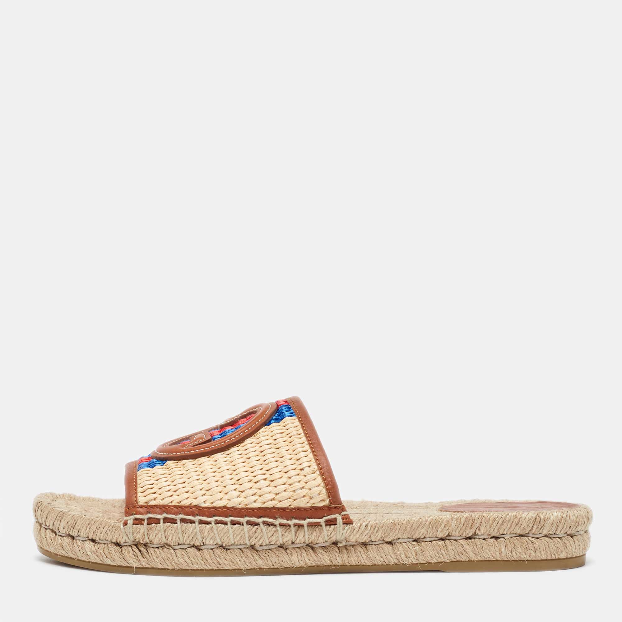 

Gucci Beige/Brown Raffia and Leather Interlocking G Espadrille Slide Sandals Size