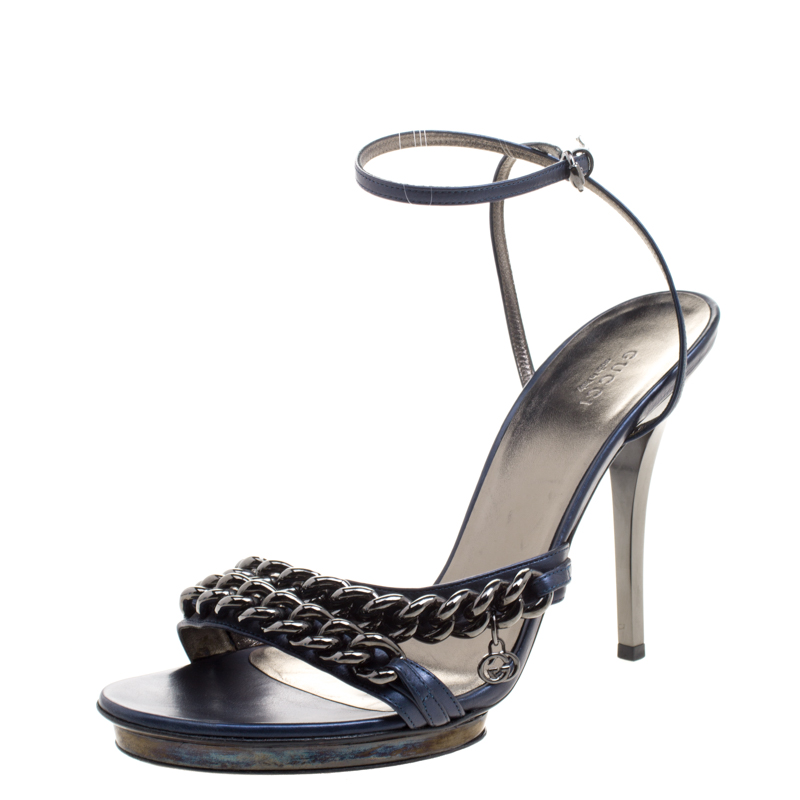 Pre Owned صندل غوتشي سيور كاحل تفاصيل سلسلة جلد أزرق مقاس 41