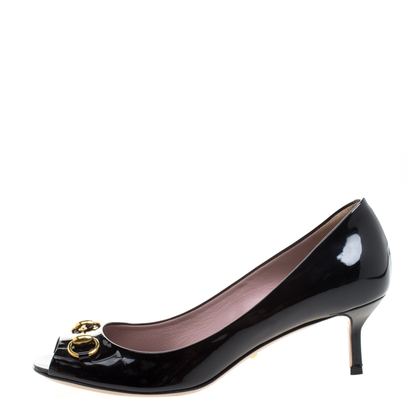 Pre Owned Gucci Black Patent Leather Horsebit Peep Toe Pumps Size 40