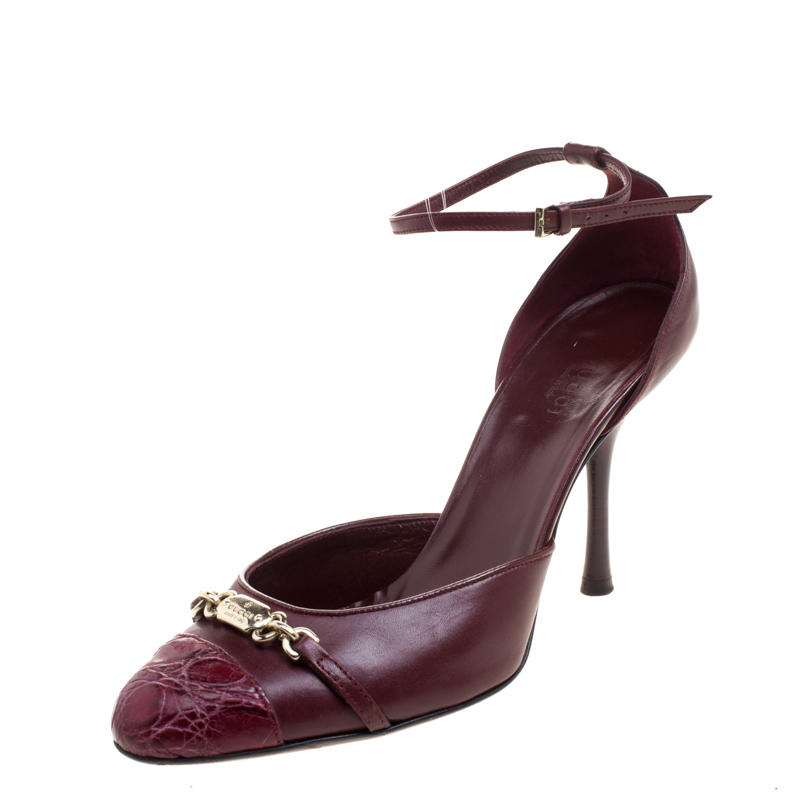 Pre Owned Gucci Bordeaux Leather Cap Toe Ankle Strap Sandals Size 37.5