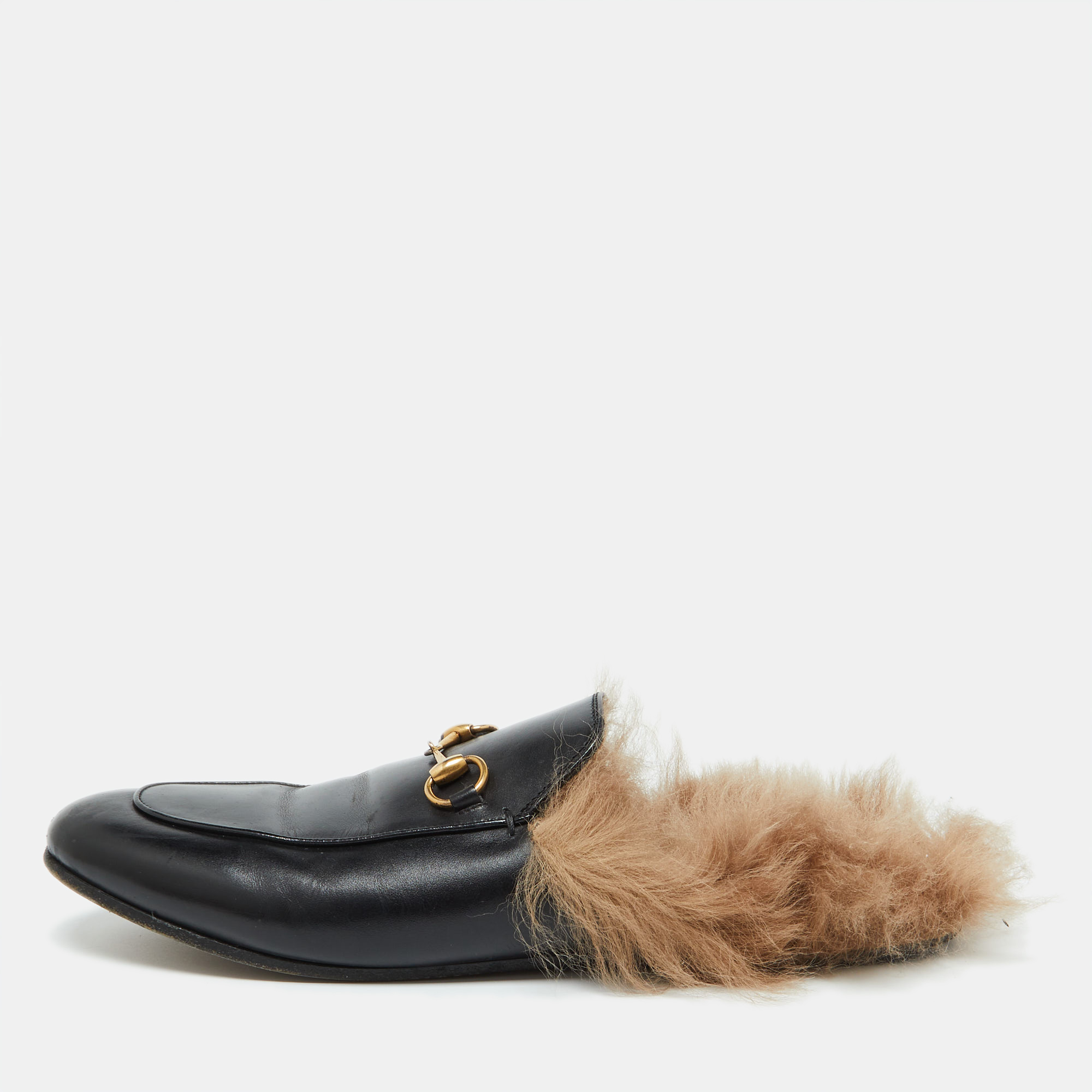 

Gucci Black Leather and Fur Lined Princetown Flat Mules Size